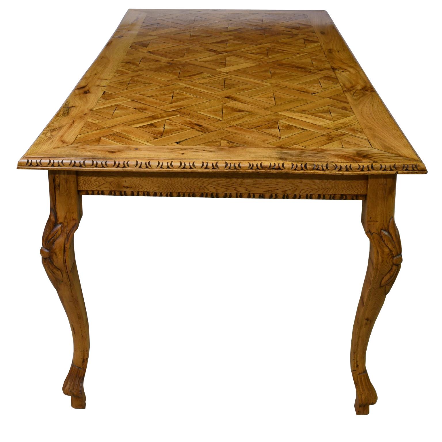 Oiled Solid Repurposed European Oak Parquetry-Top Dining Table w/ Carved Cabriole Legs For Sale