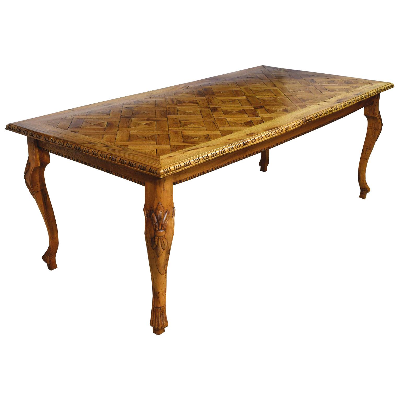 Solid Repurposed European Oak Parquetry-Top Dining Table w/ Carved Cabriole Legs For Sale