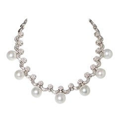 7 South Sea Cultured Pearls and 321 Diamonds, 18 Karat White Gold Necklace