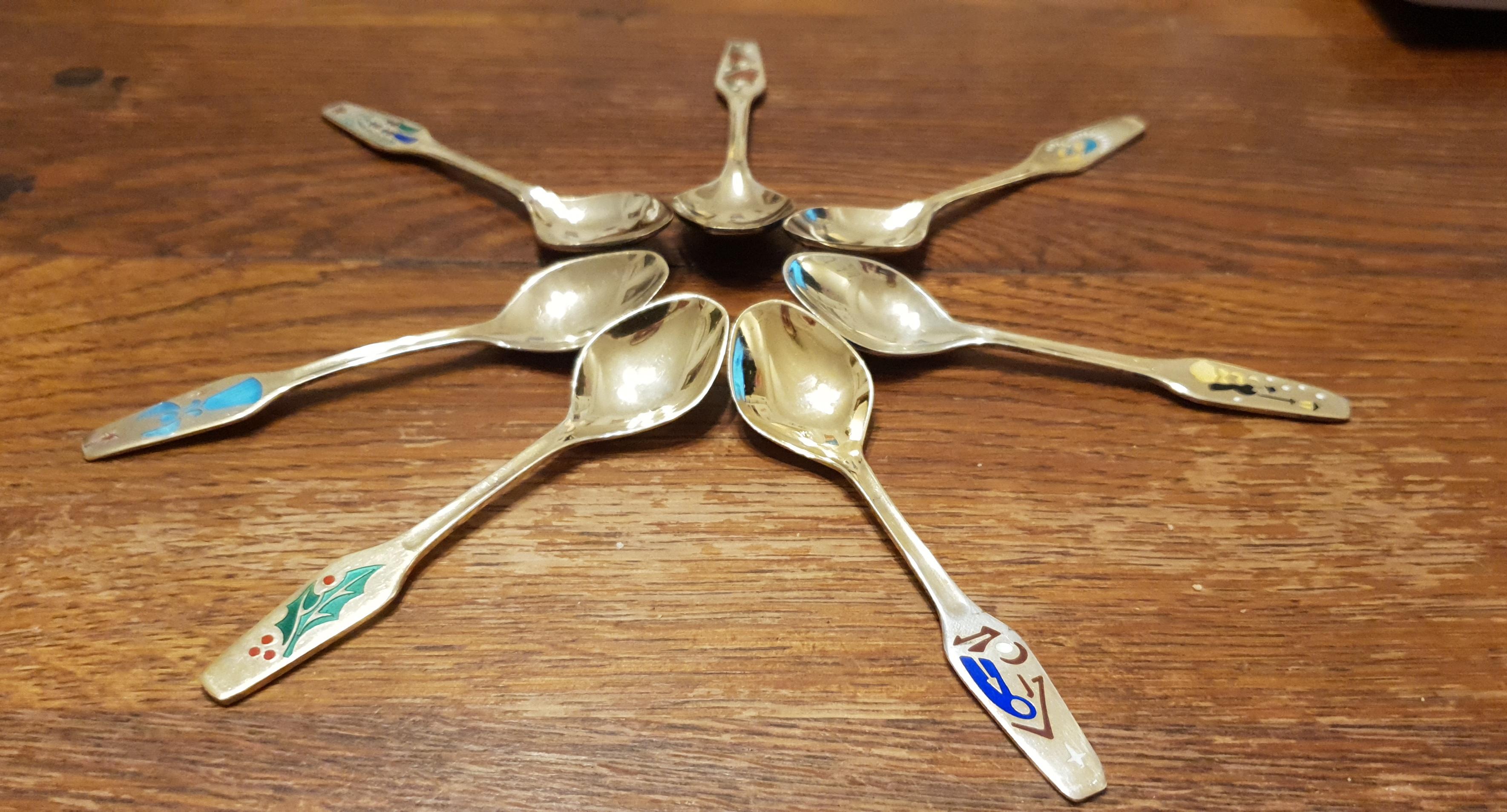 7 Sterling Silver And Enamel Christmas Spoons By Meka Denmark For Sale 