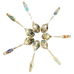 Retro 7 sterling silver and enamel christmas spoons by Meka, Denmark