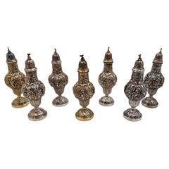 7 Sterling Silver Hand Chased Cherub Repousse Master Shakers, European Hallmark