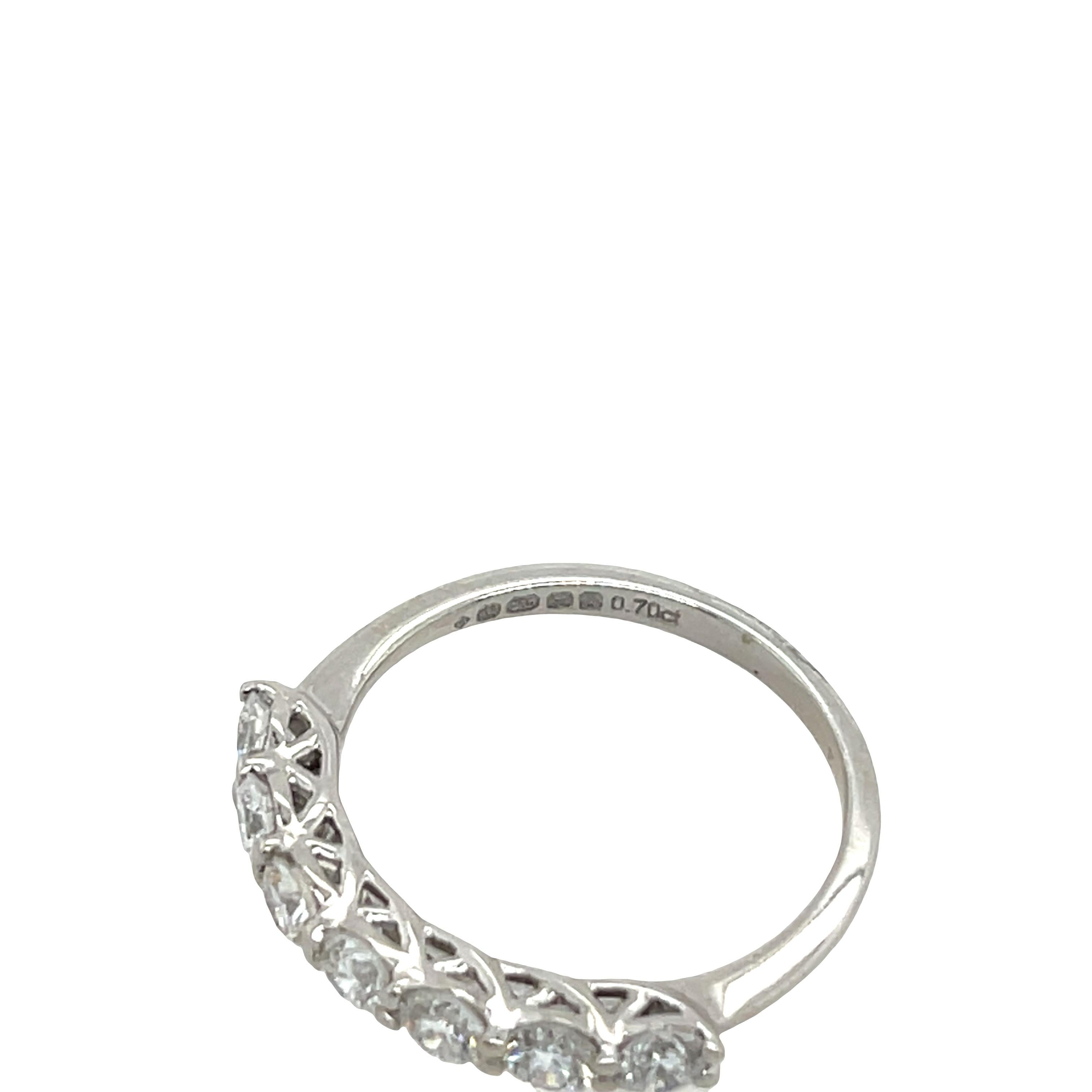 This timeless 7-stone diamond ring showcases a total 
of 0.70ct of sparkling natural diamonds, beautifully 
set across a classic band crafted from 18ct white gold. 
Total Diamond Weight: 0.70ct 
Diamond Colour: G
Diamond Clarity: VS-SI1
Width of