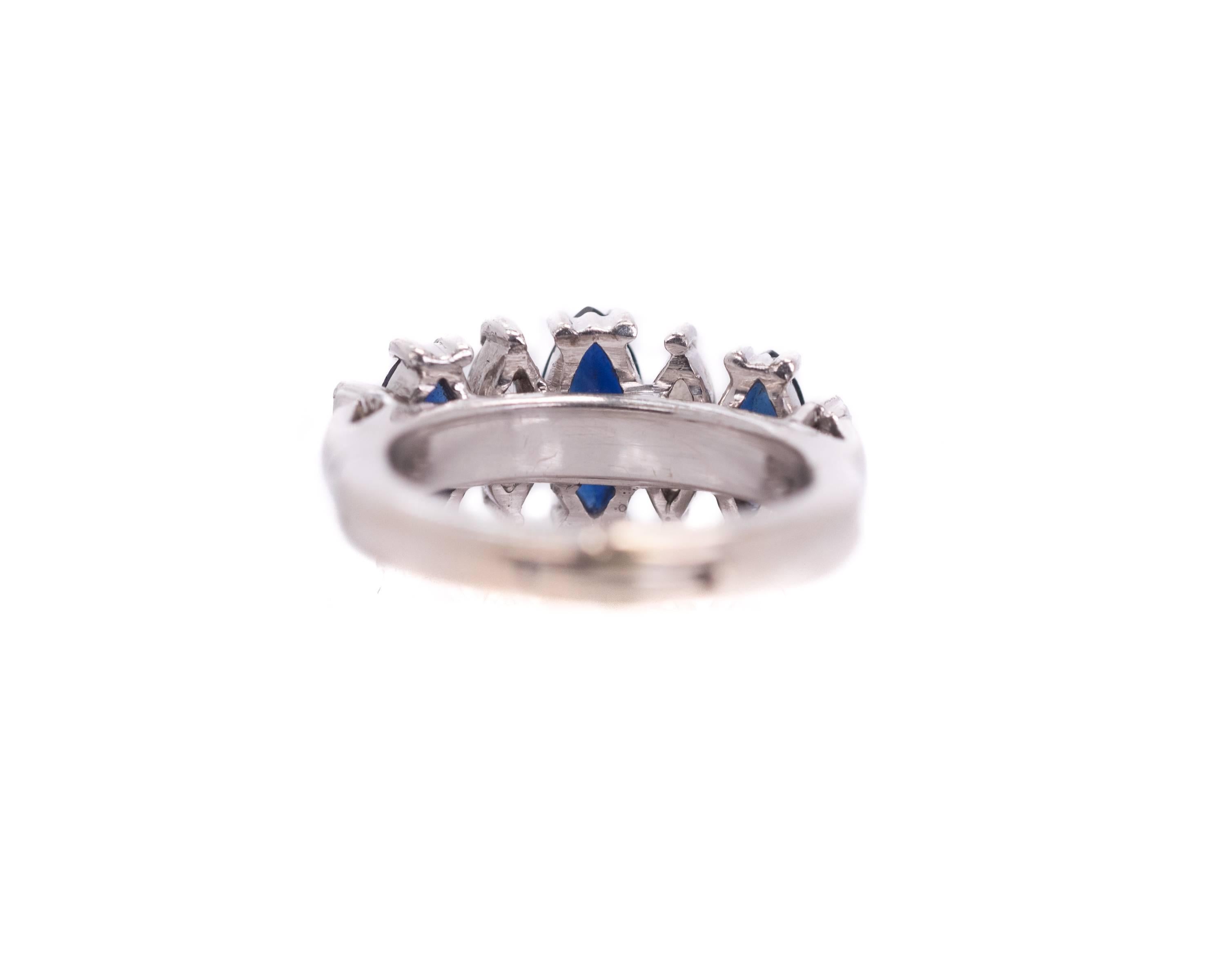 Marquise Cut 7-Stone Sapphire, Diamond and Platinum Ring, 1950s For Sale