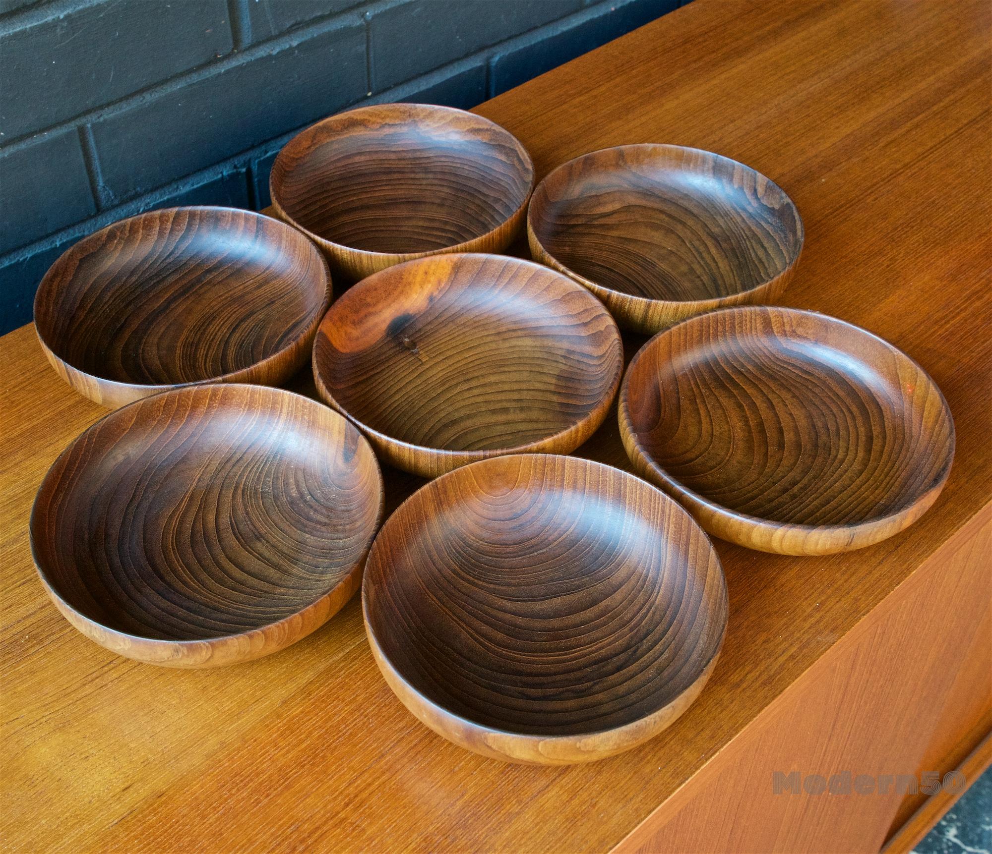 Mid-Century Modern 7 Unknown Craftsman Studio Craft Turned Teak Bowl Set Midcentury Danish Rustic For Sale