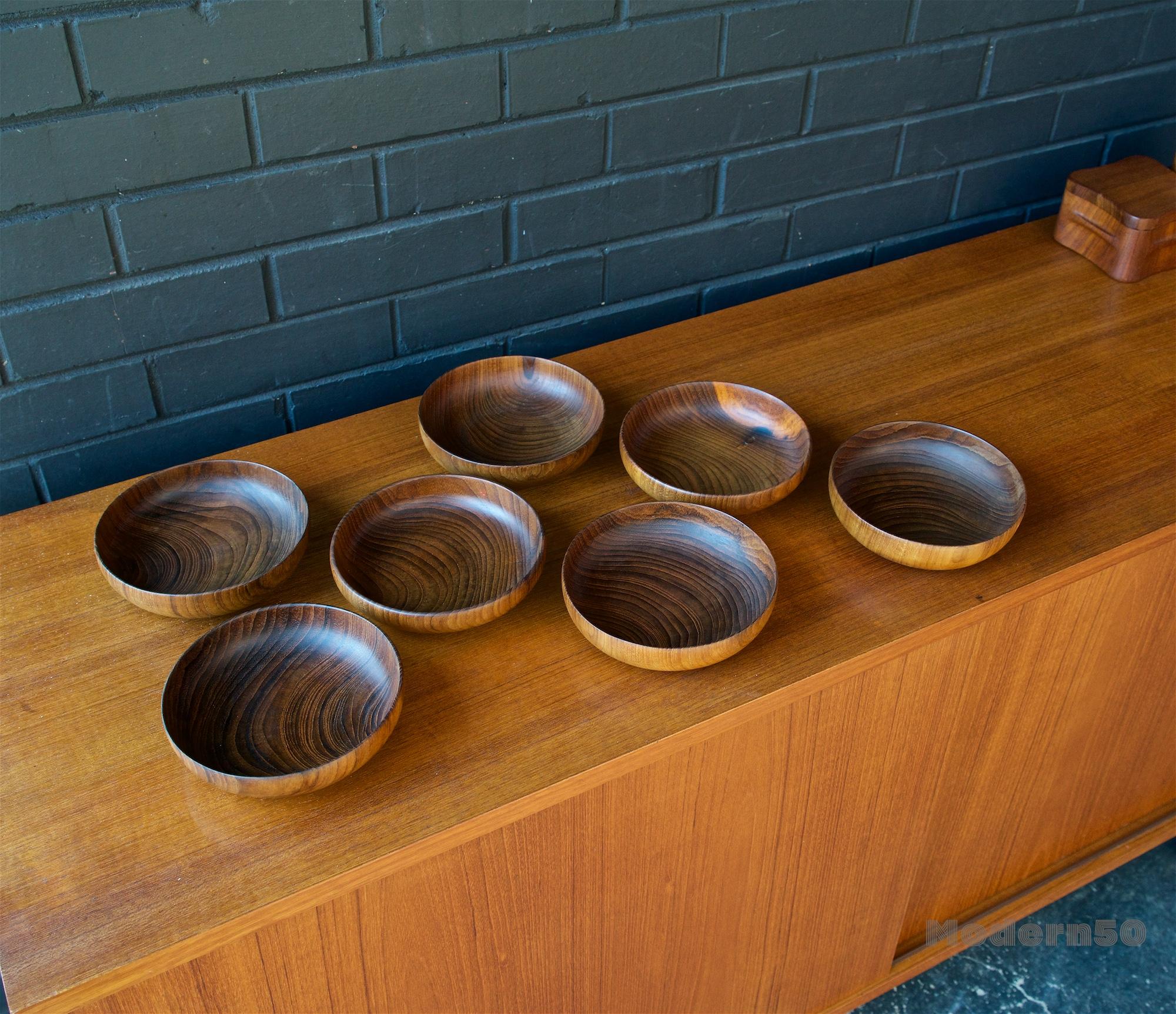 American 7 Unknown Craftsman Studio Craft Turned Teak Bowl Set Midcentury Danish Rustic For Sale