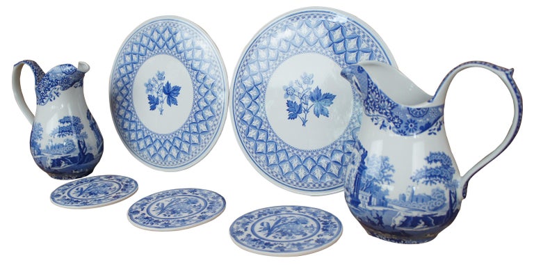 7 Vintage English Spode Blue Italian China Pitchers Trivet Plates Geranium  For Sale at 1stDibs