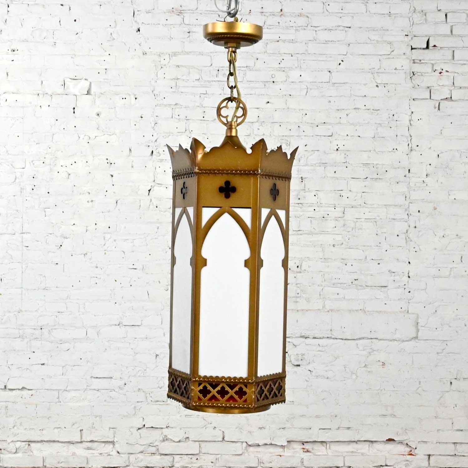 Vintage Gothic Gold Painted Metal & White Hanging Light Fixtures Sold Separate For Sale 6