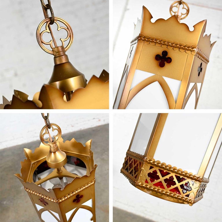 Vintage Gothic Gold Painted Metal and White Hanging Light Fixtures Sold