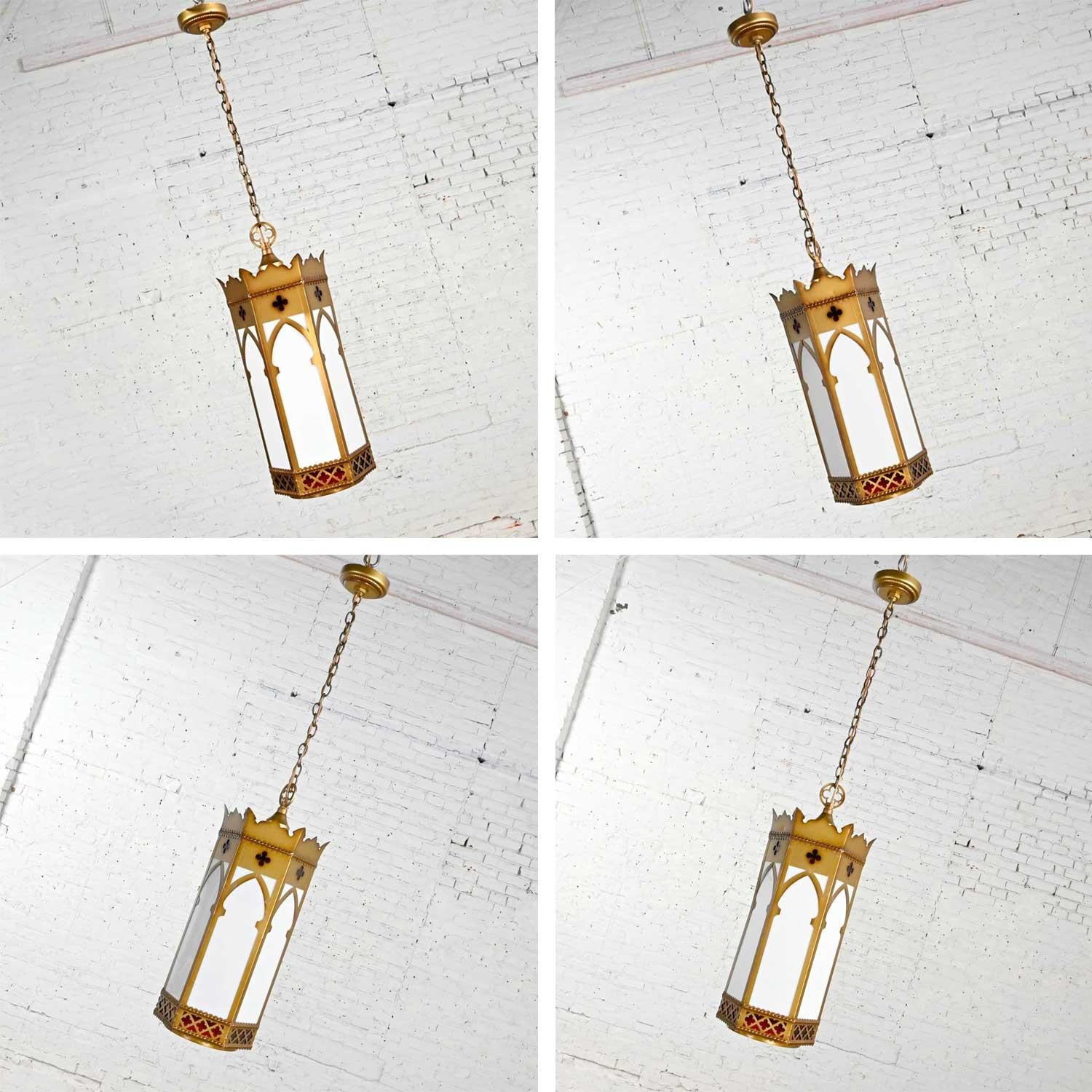 Vintage Gothic Gold Painted Metal & White Hanging Light Fixtures Sold Separate For Sale 9