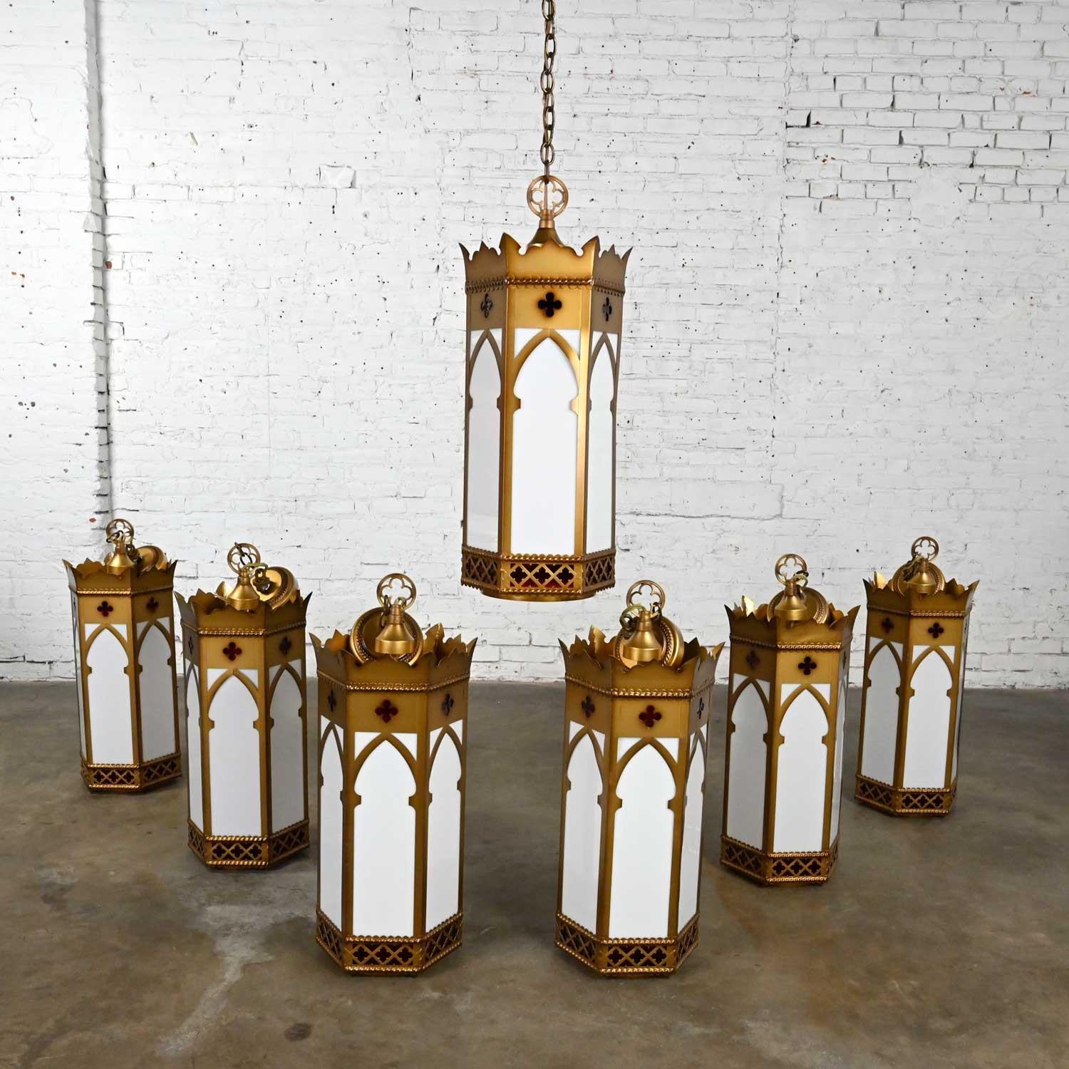 Fabulous vintage Gothic Ecclesiastical gold painted metal & white & red plastic hanging light fixtures, selling separately. Beautiful condition, keeping in mind that these are vintage and not new so will have signs of use and wear. Each fixture has