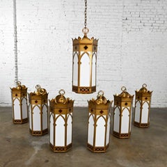 Vintage Gothic Gold Painted Metal & White Hanging Light Fixtures Sold Separate