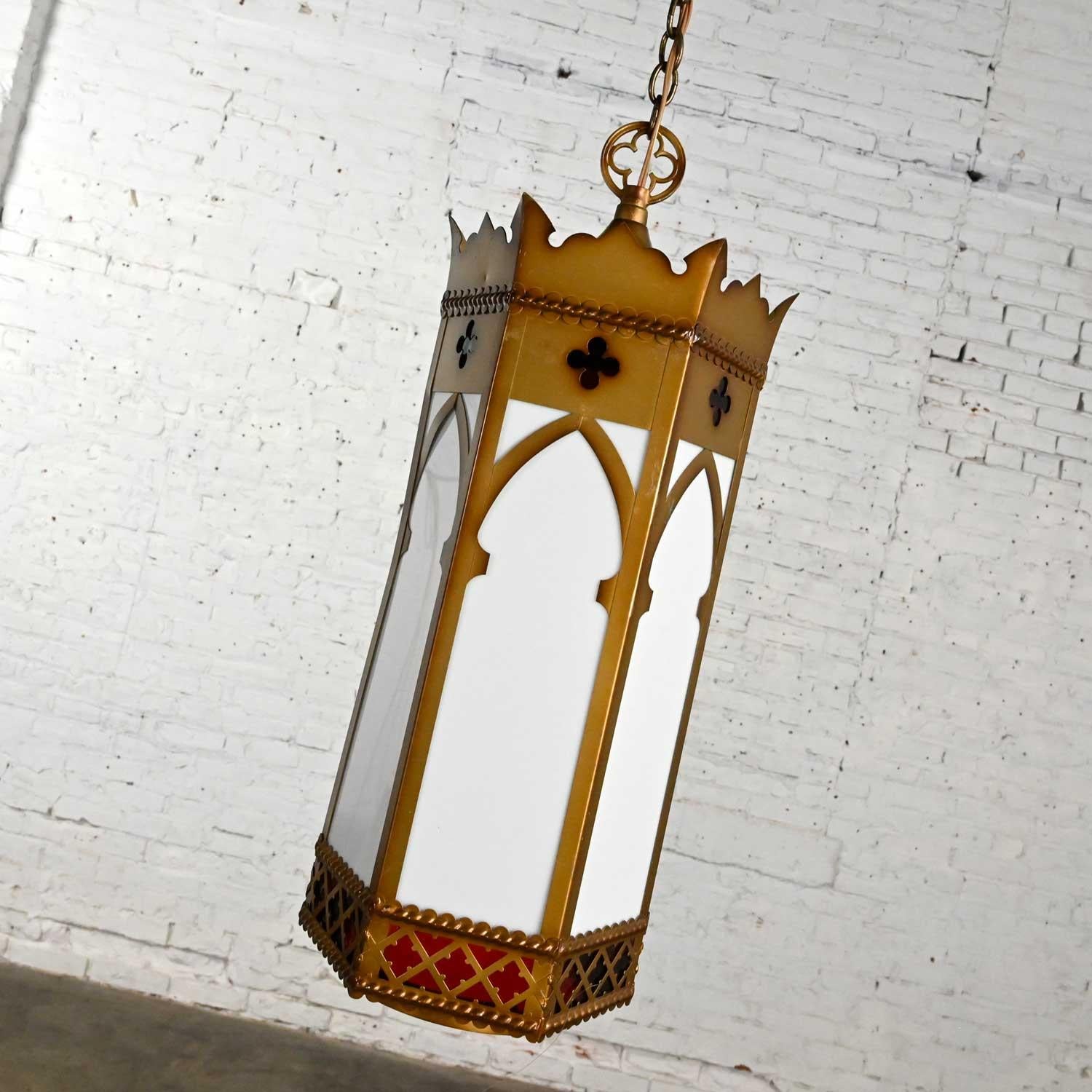 Vintage Gothic Gold Painted Metal & White Hanging Light Fixtures Sold Separate In Good Condition For Sale In Topeka, KS