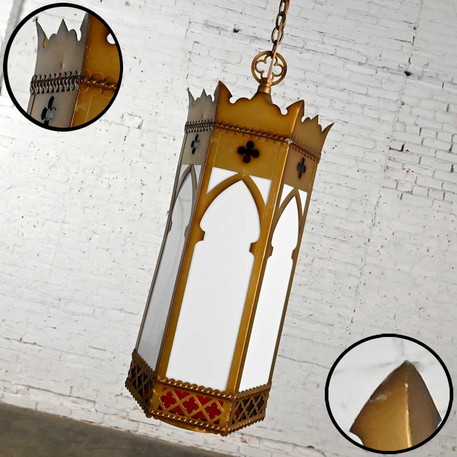 20th Century Vintage Gothic Gold Painted Metal & White Hanging Light Fixtures Sold Separate For Sale
