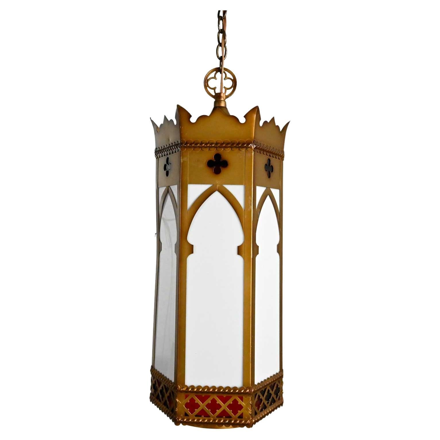 Vintage Gothic Gold Painted Metal & White Hanging Light Fixtures Sold Separate For Sale