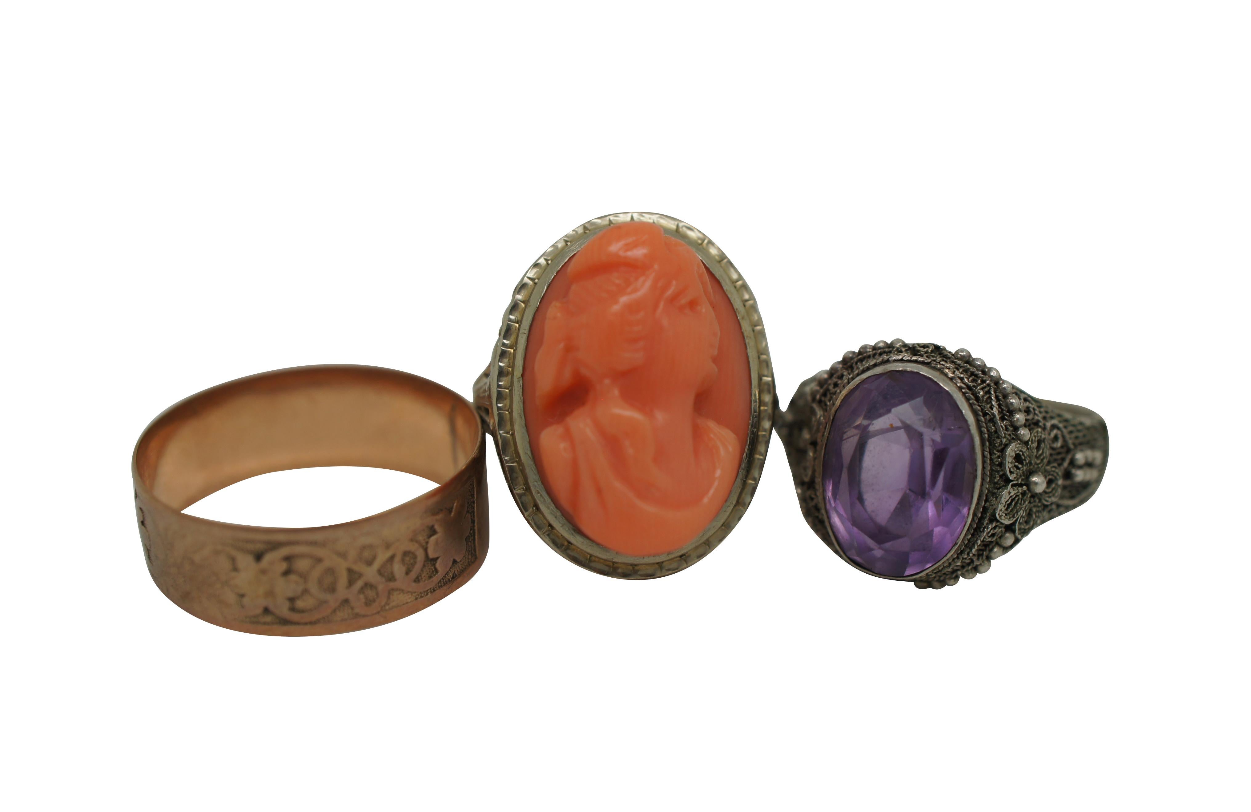 7 Vintage Sterling Silver & Costume Jewelry Rings Cameo Rhinestone In Good Condition For Sale In Dayton, OH