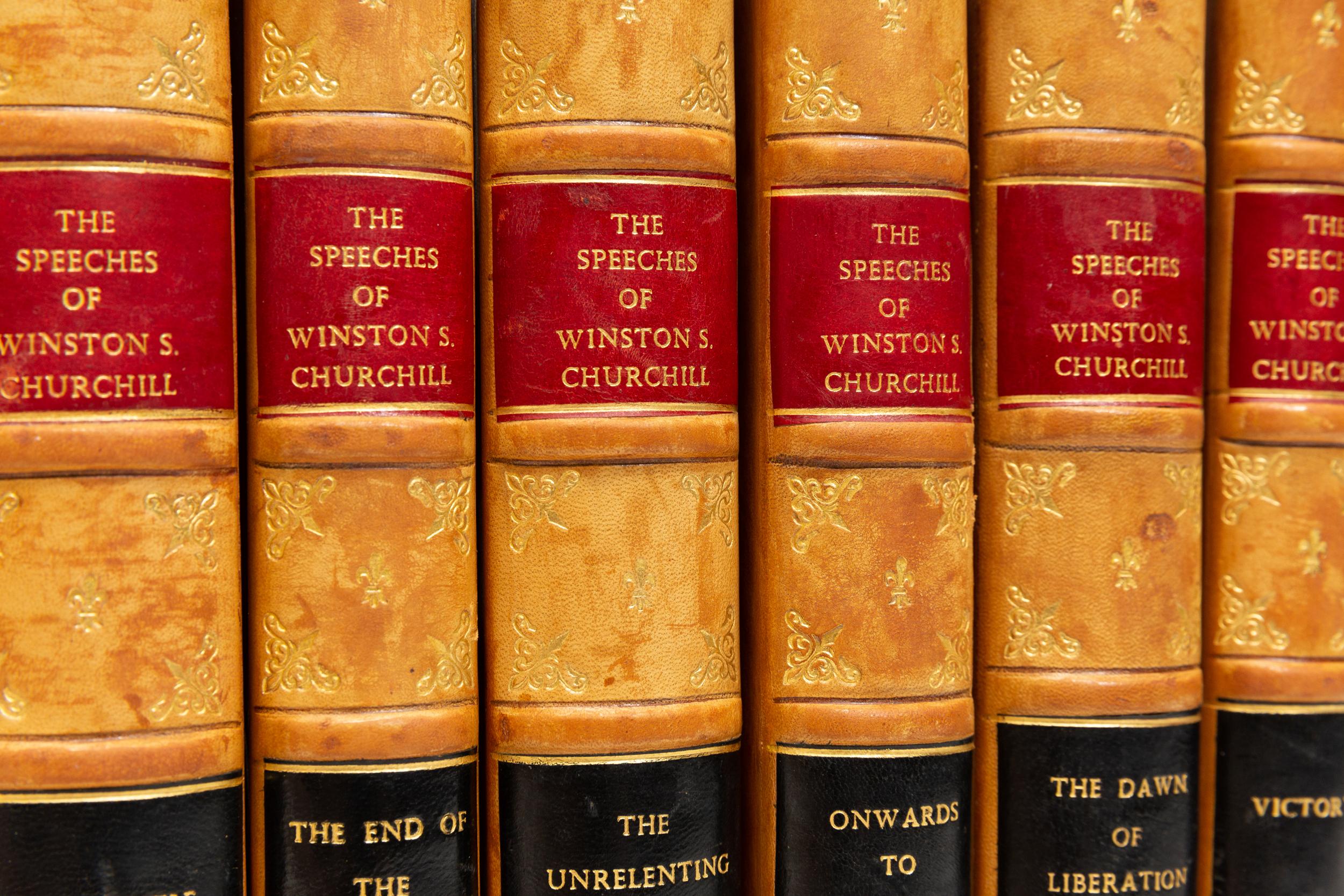 7 Volumes. Sir Winston S. Churchill. The War Speeches.Compiled by Randolph S. Churchill. With half-tone frontispiece. Rebound in full tan calf, raised bands,
gilt panels, red and blue labels. Published: London: Cassell & Co. 1941-46
First Editions.