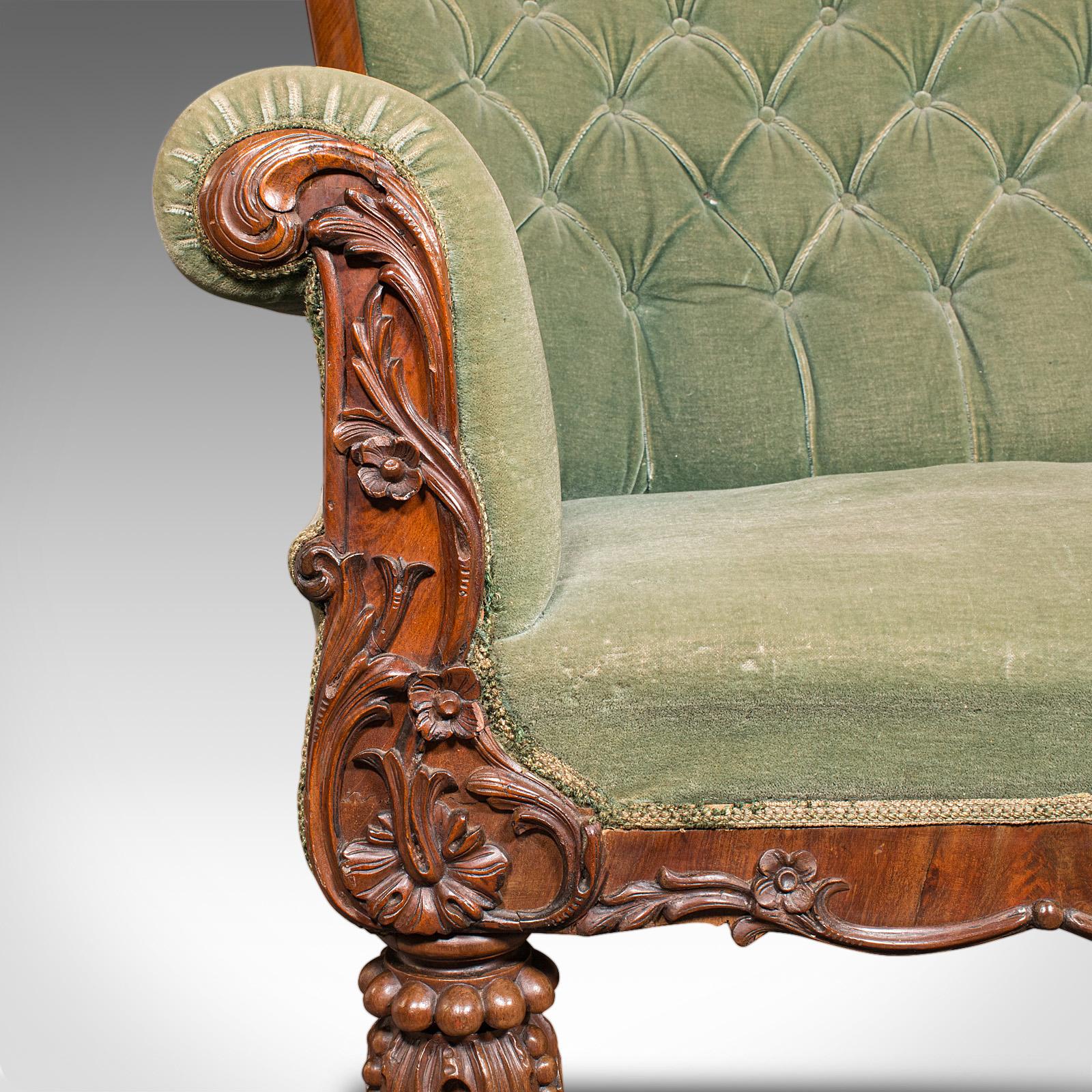 7' Wide Antique Country House Sofa, English, Walnut, Button Back Settee, Regency en vente 4