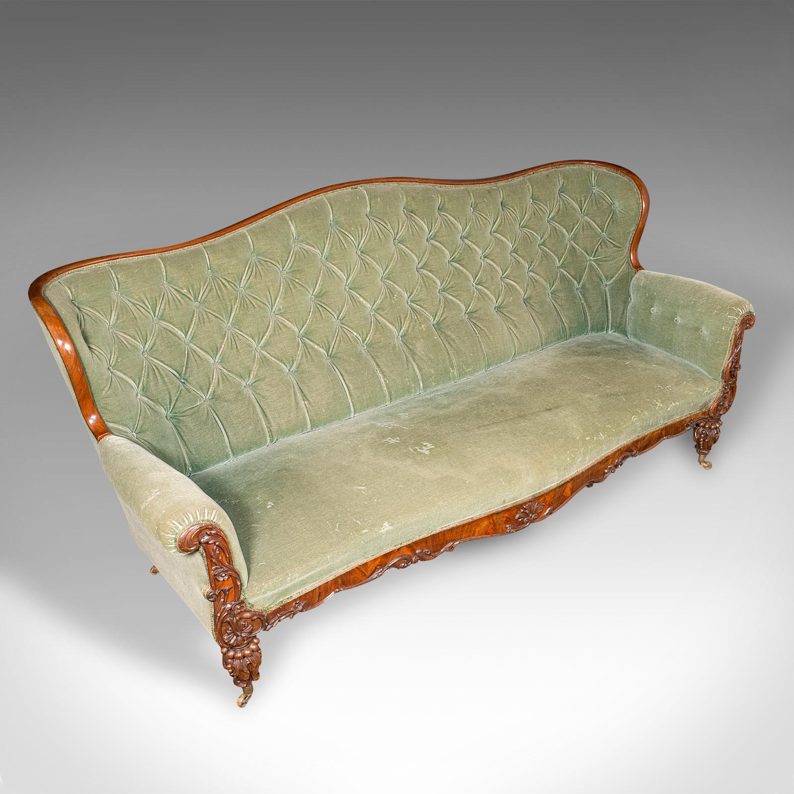 Velours 7' Wide Antique Country House Sofa, English, Walnut, Button Back Settee, Regency en vente
