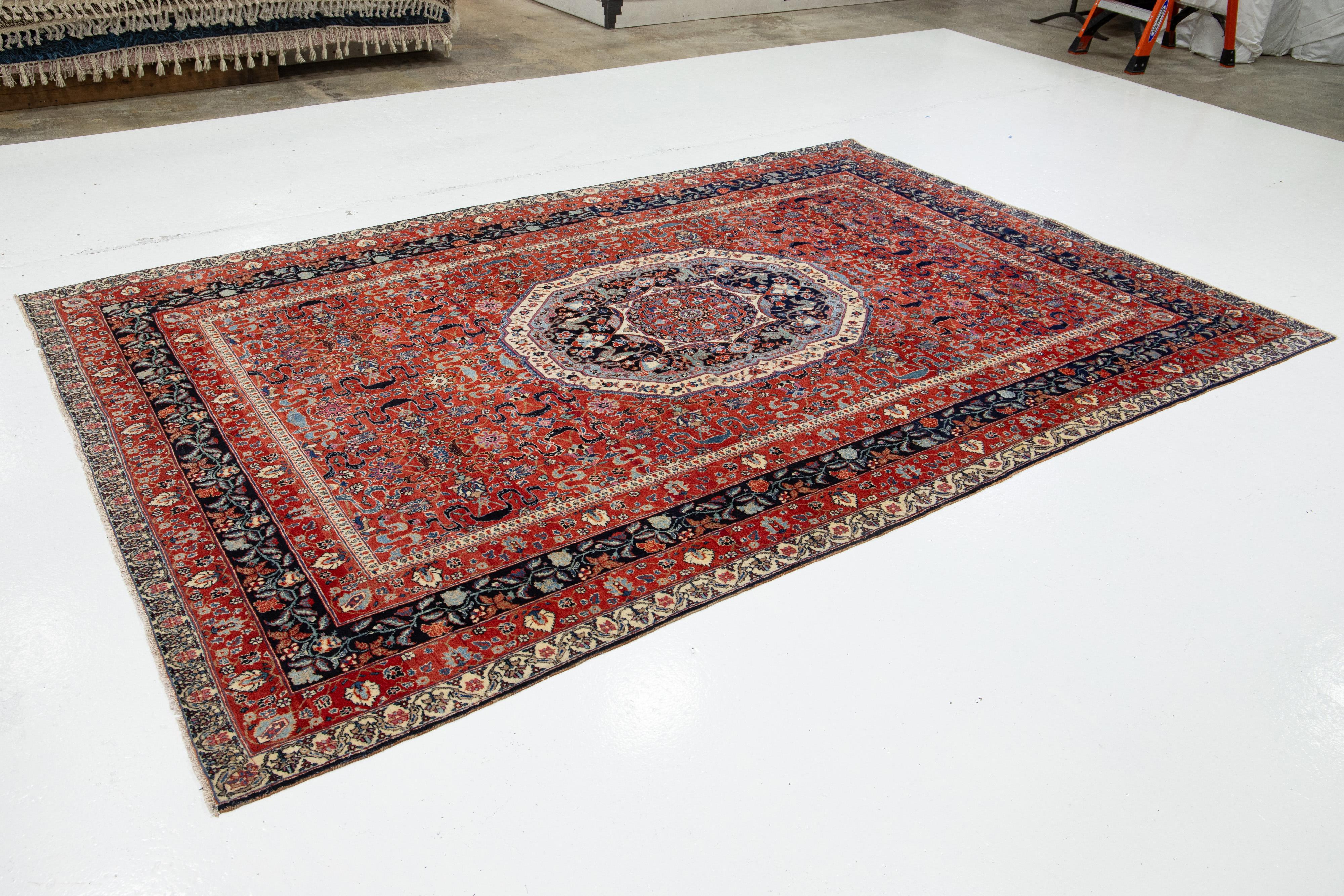 7 x 10 Antiker persischer Kashan Handgefertigter Allover-Wollteppich in Rot (Kaschan) im Angebot