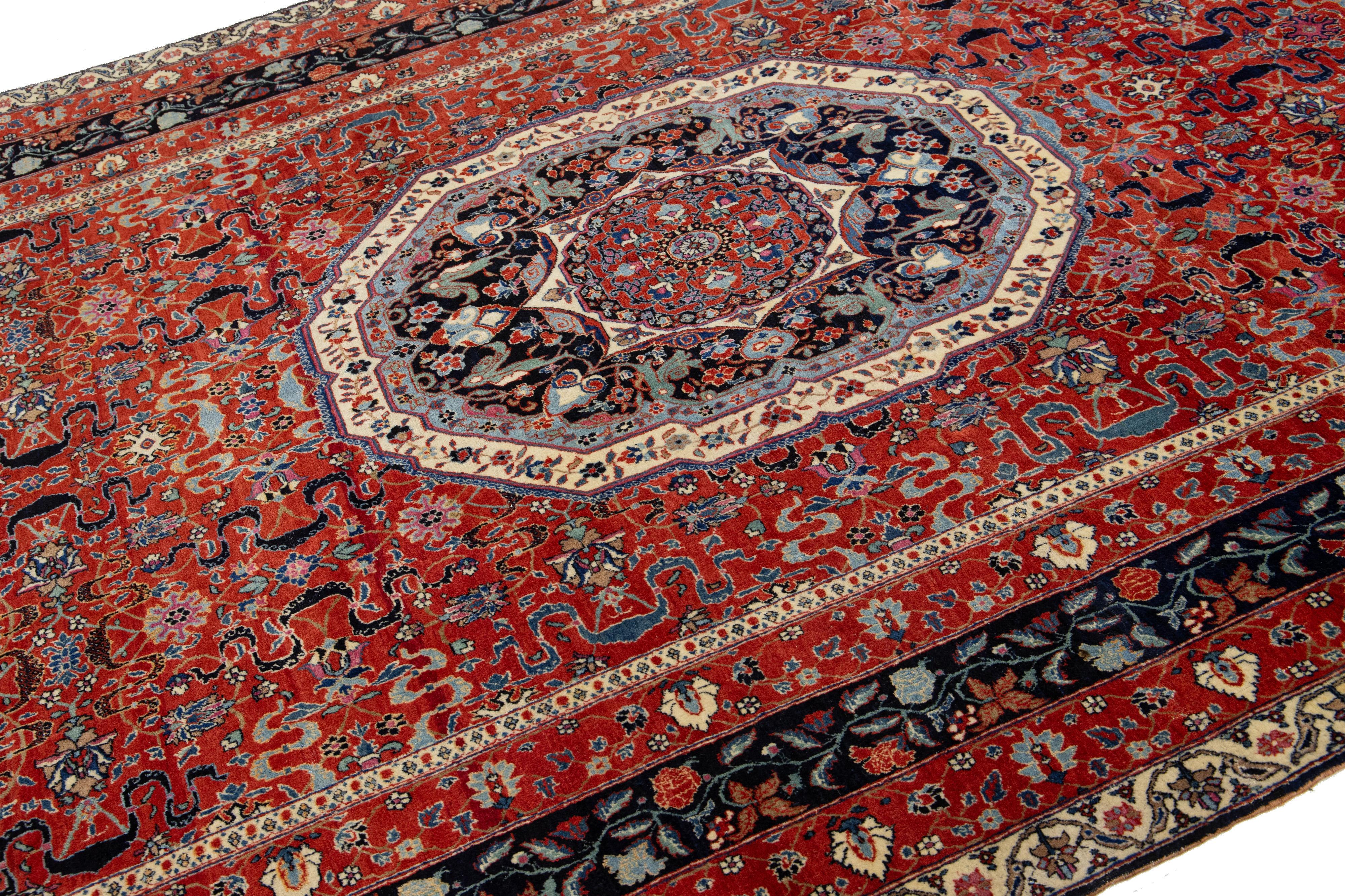 7 x 10 Antiker persischer Kashan Handgefertigter Allover-Wollteppich in Rot (Persisch) im Angebot