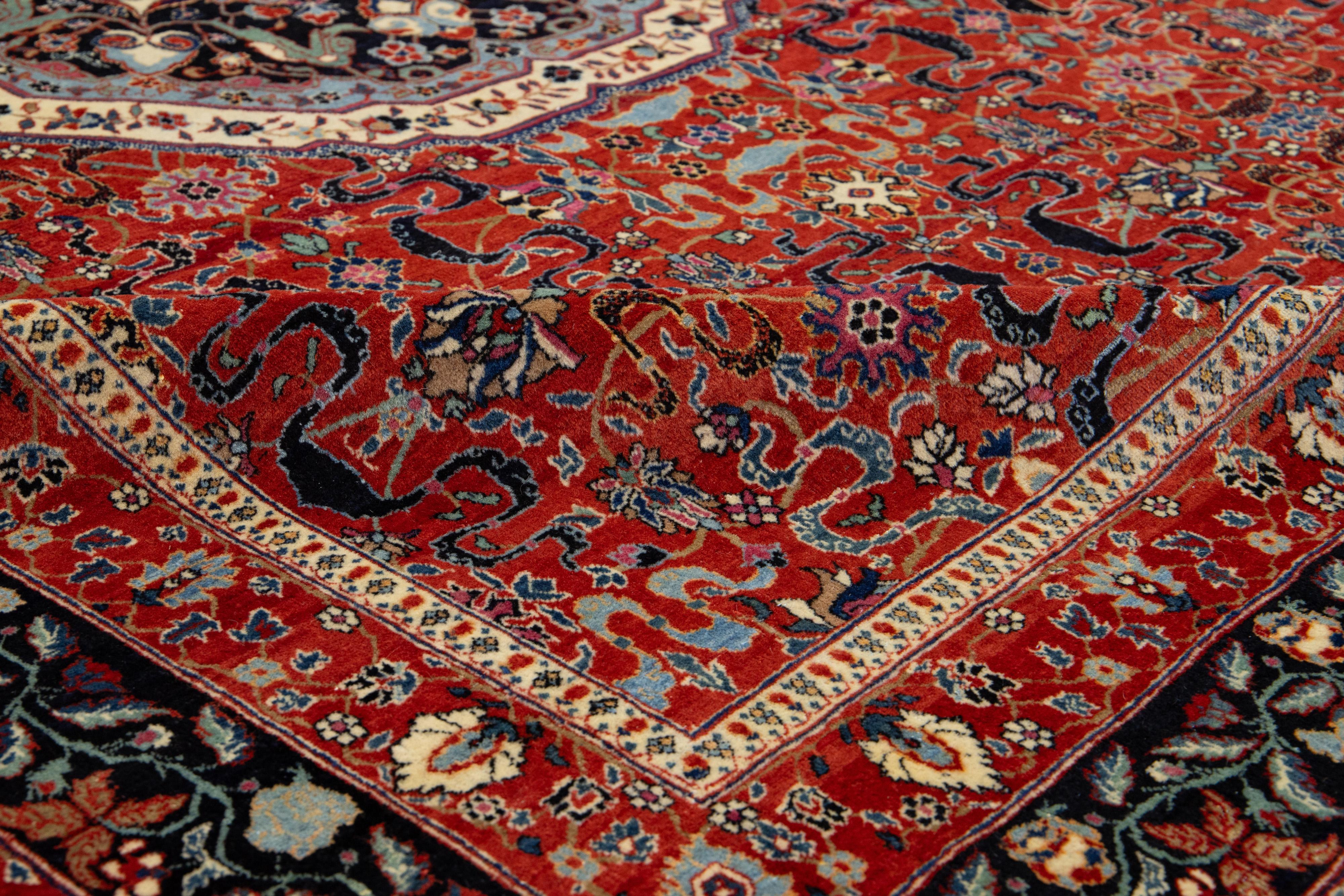 7 x 10 Antiker persischer Kashan Handgefertigter Allover-Wollteppich in Rot (Handgeknüpft) im Angebot