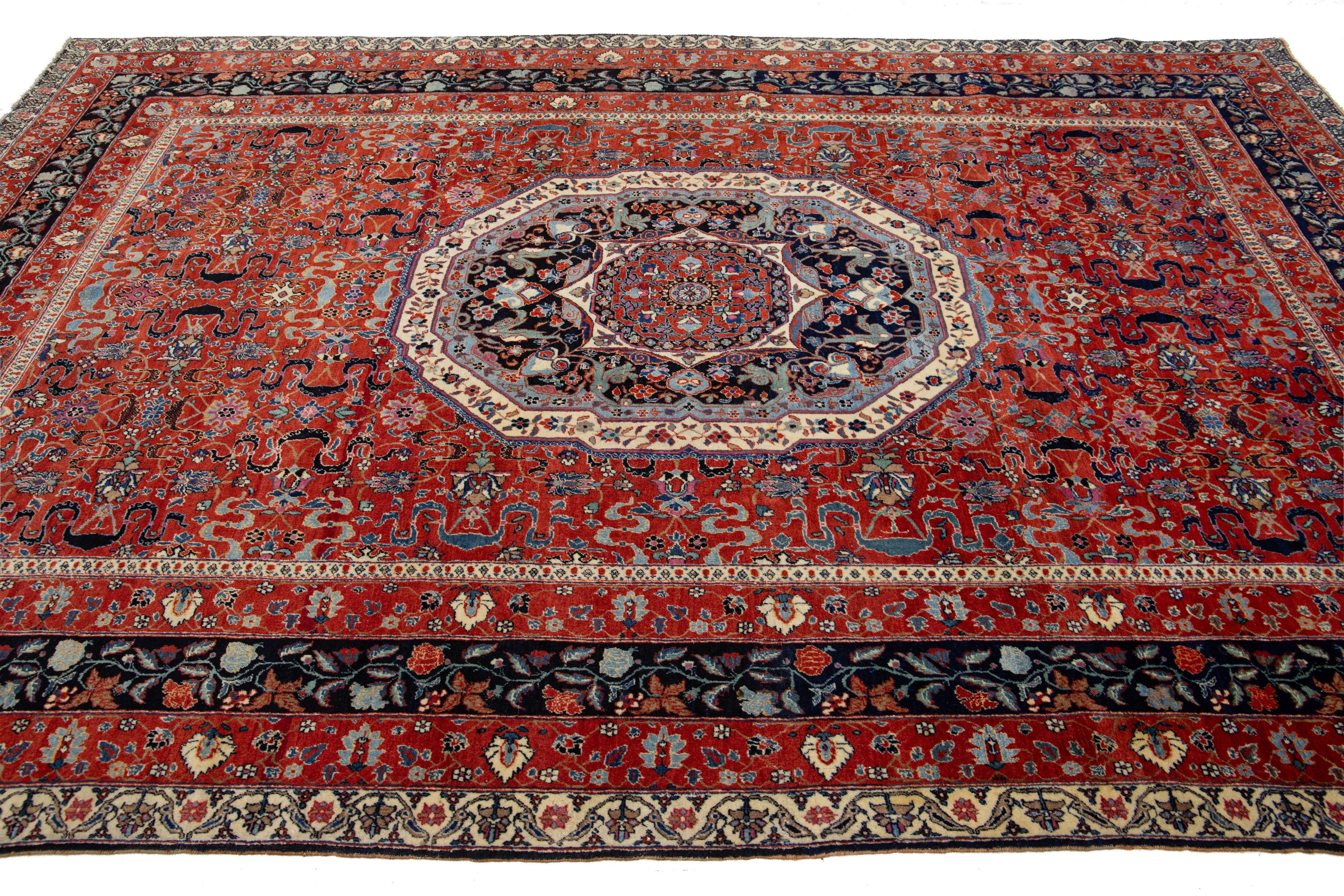 7 x 10 Antiker persischer Kashan Handgefertigter Allover-Wollteppich in Rot im Zustand „Gut“ im Angebot in Norwalk, CT