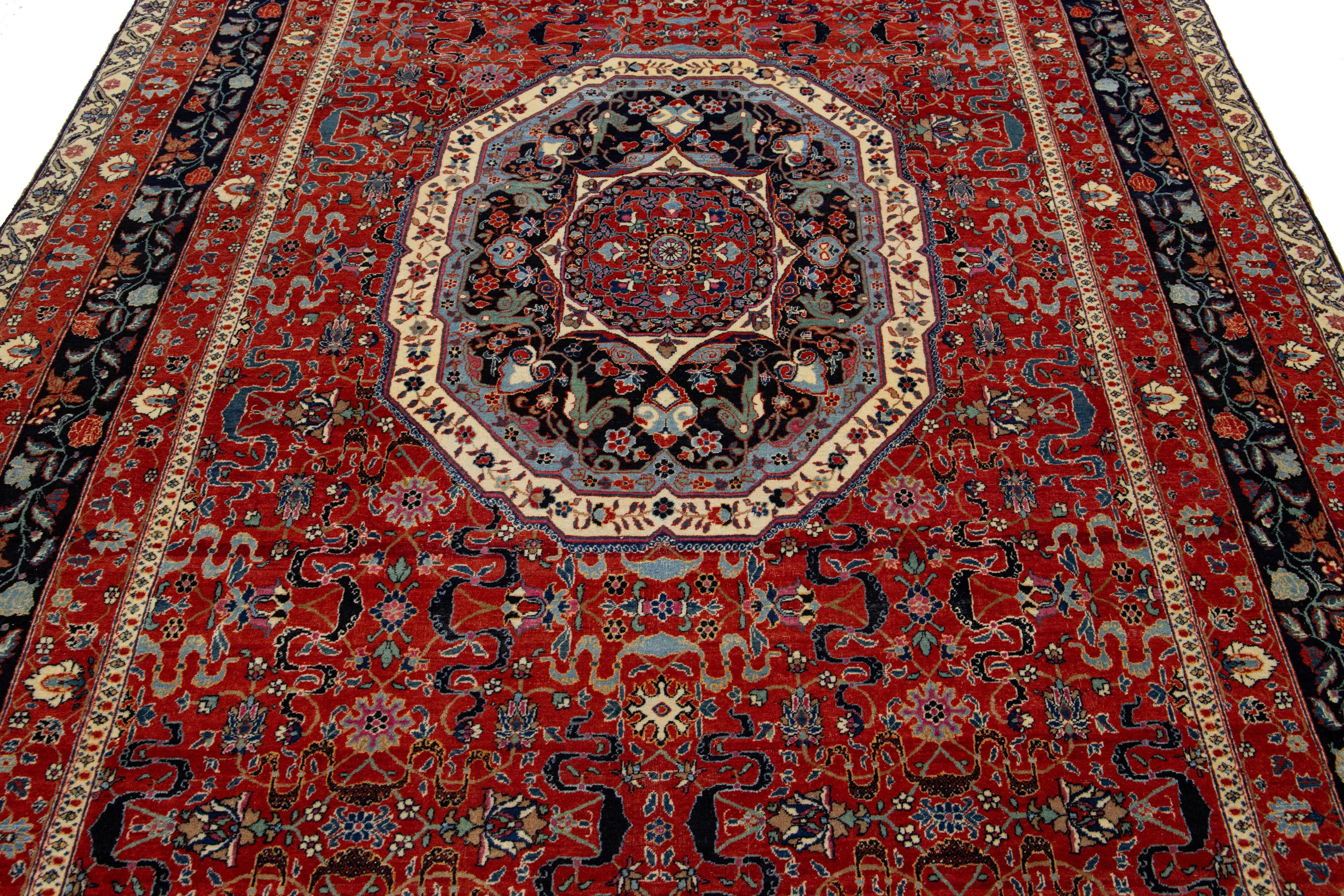 7 x 10 Antiker persischer Kashan Handgefertigter Allover-Wollteppich in Rot (Wolle) im Angebot