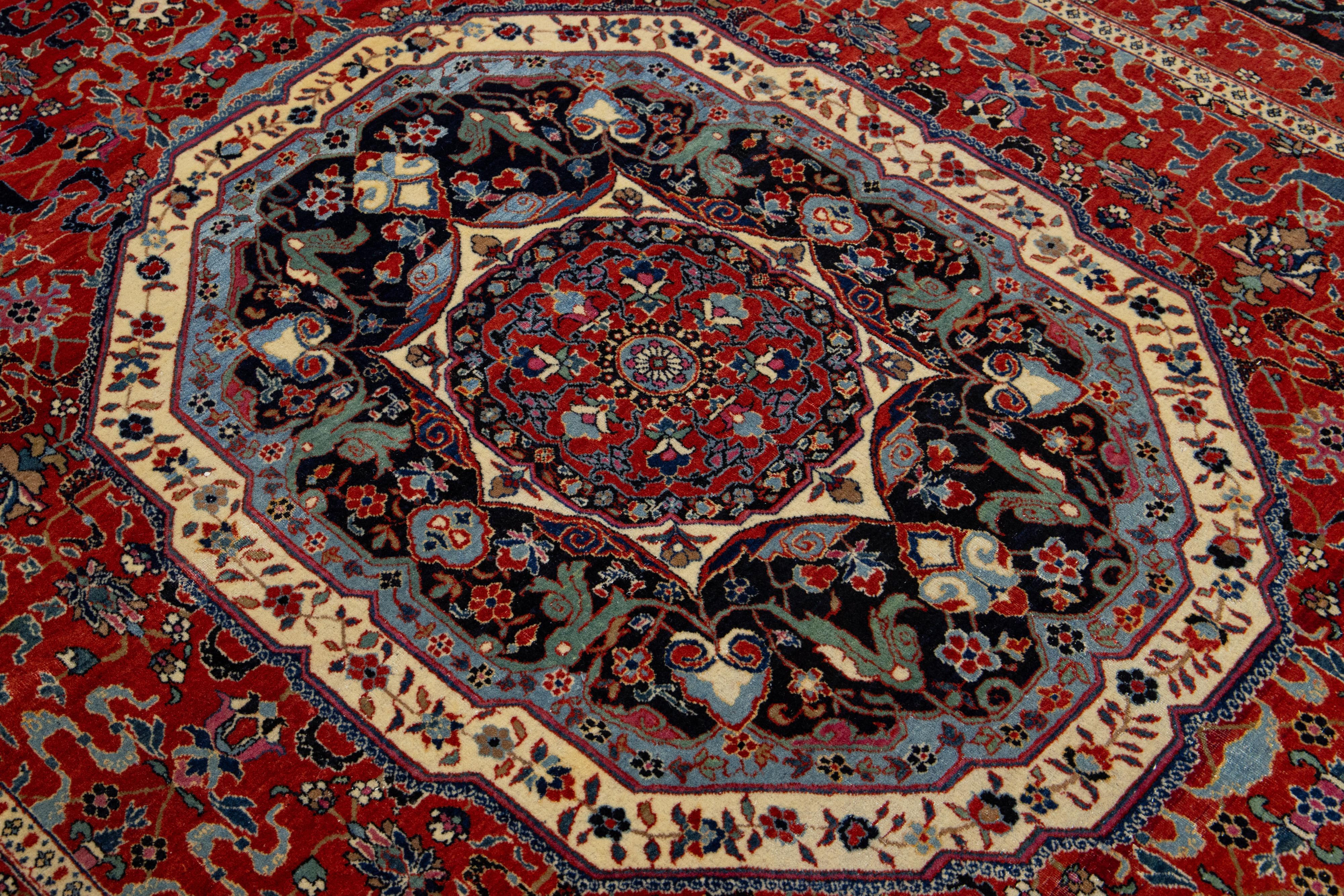 7 x 10 Antiker persischer Kashan Handgefertigter Allover-Wollteppich in Rot im Angebot 1