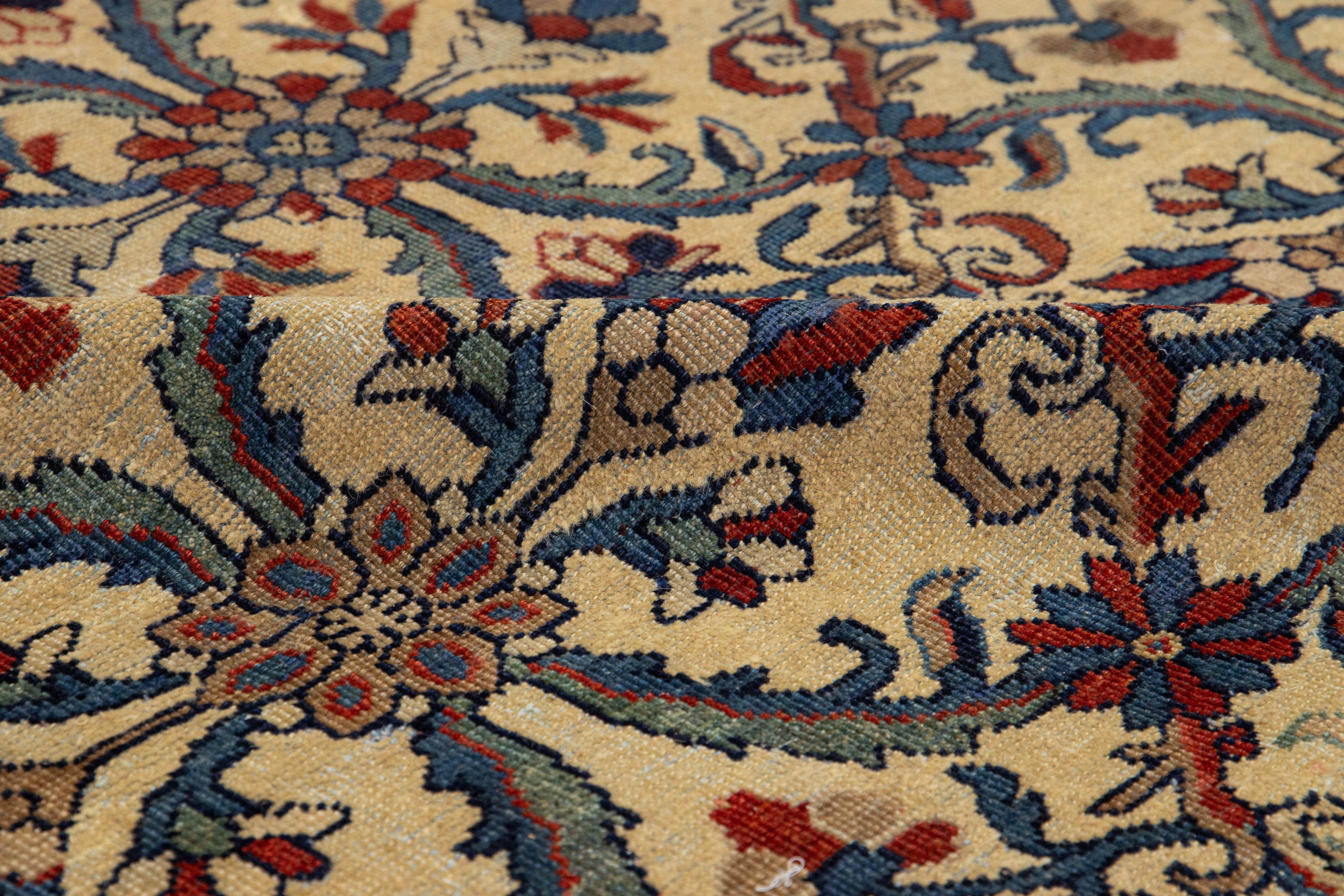 7 x 10 Antiker persischer Mahal handgefertigter Mahal-Wollteppich in Hellbraun mit Blumenmuster im Angebot 2