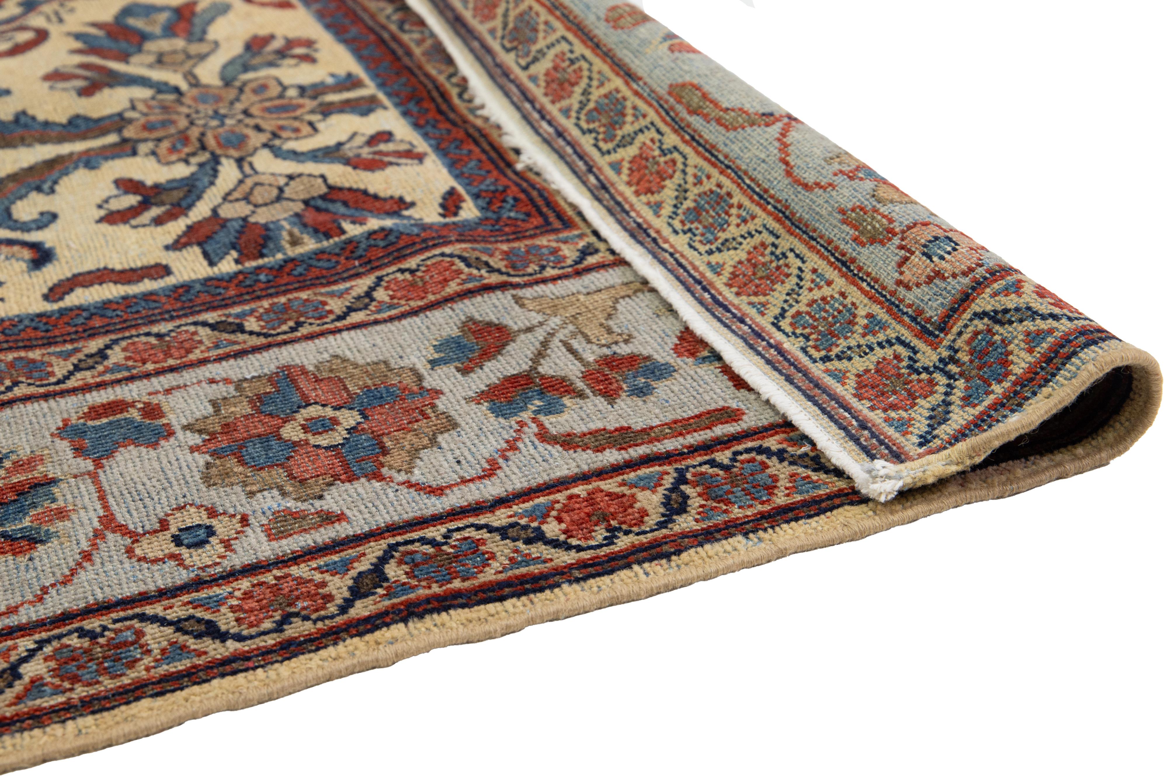 7 x 10 Antiker persischer Mahal handgefertigter Mahal-Wollteppich in Hellbraun mit Blumenmuster (Persisch) im Angebot