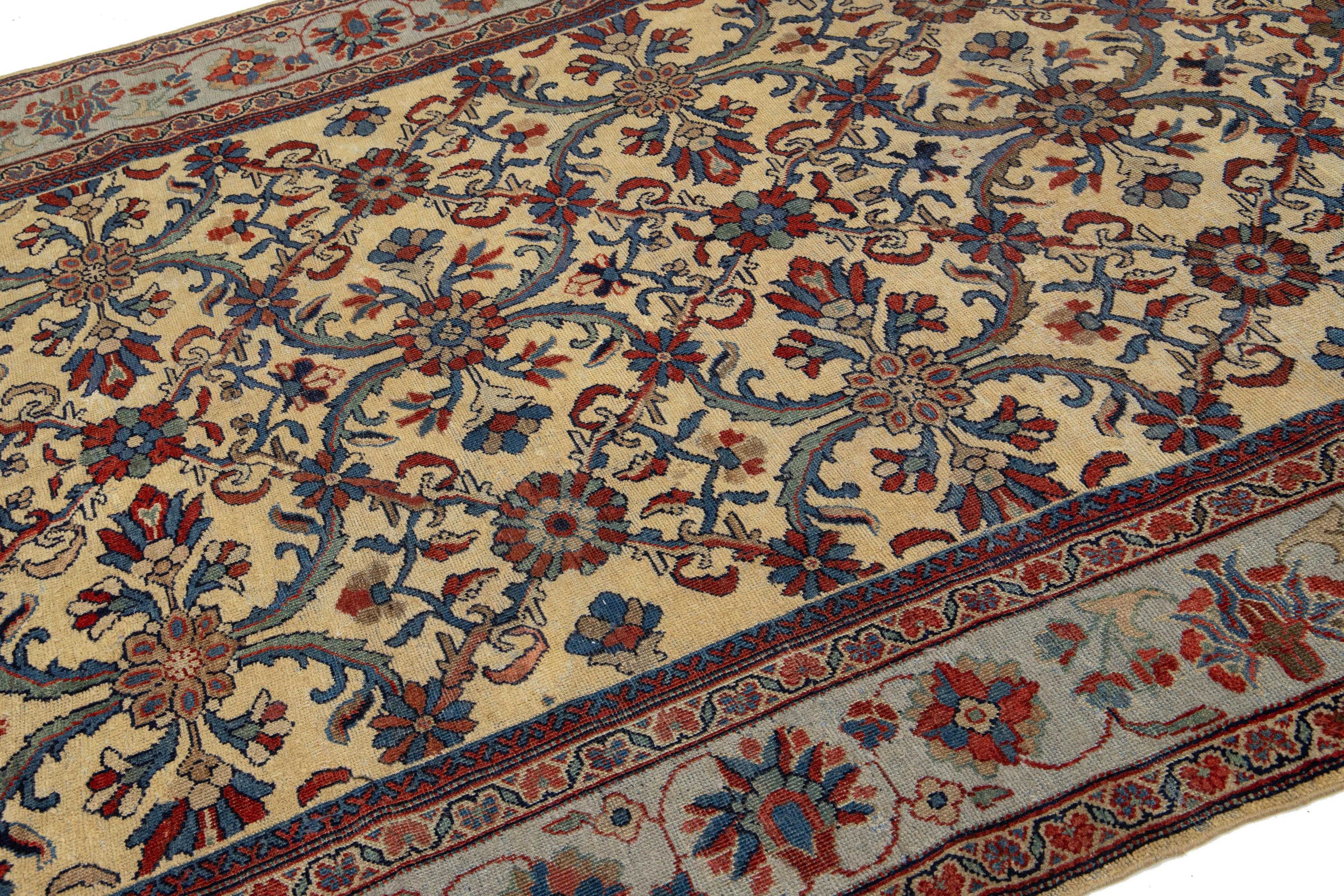 7 x 10 Antiker persischer Mahal handgefertigter Mahal-Wollteppich in Hellbraun mit Blumenmuster (Handgeknüpft) im Angebot