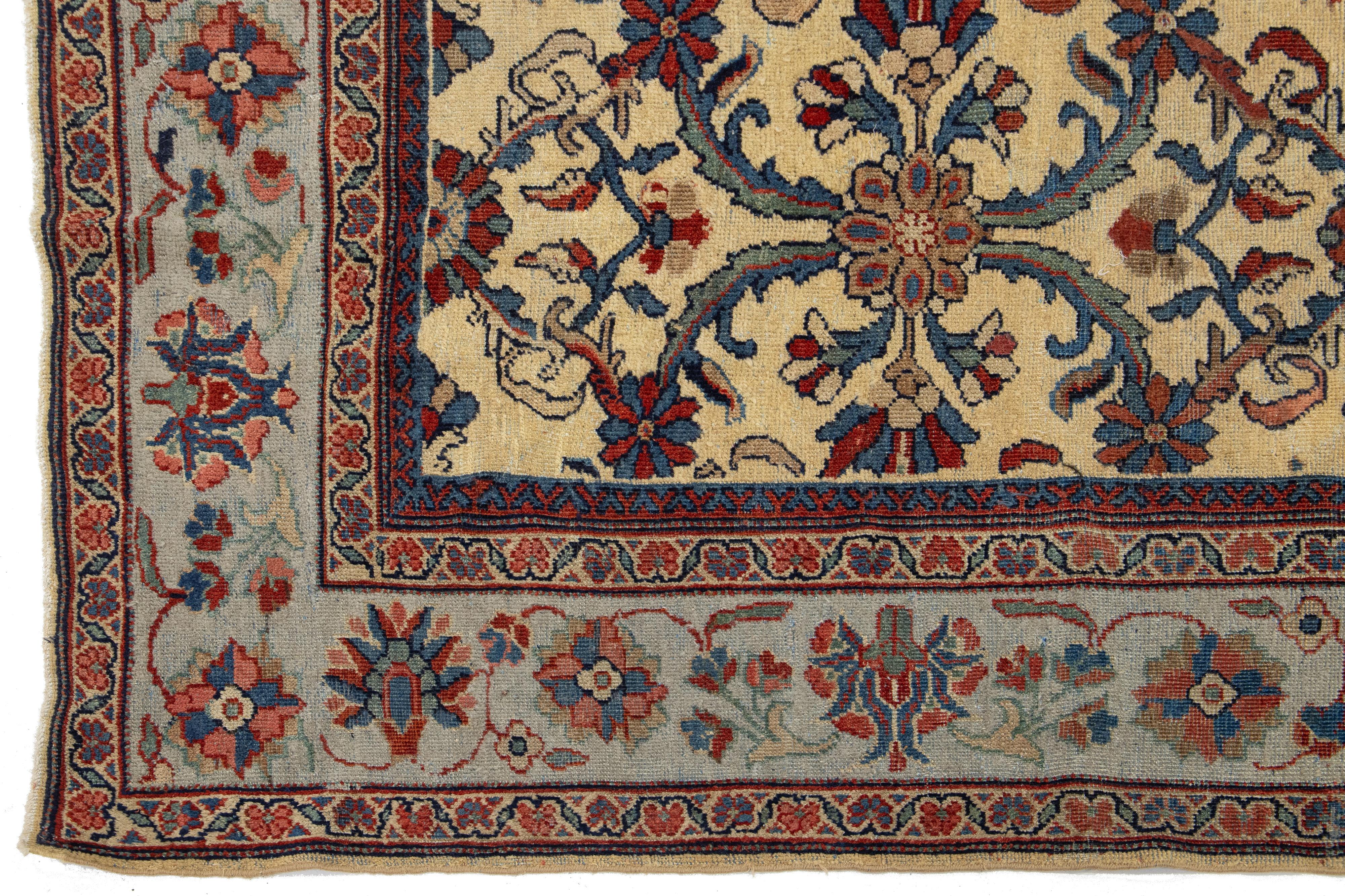 7 x 10 Antiker persischer Mahal handgefertigter Mahal-Wollteppich in Hellbraun mit Blumenmuster (20. Jahrhundert) im Angebot