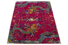 7 x 10 Moderner handgefertigter rosa Wollteppich im chinesischen Stil mit Drachenmuster