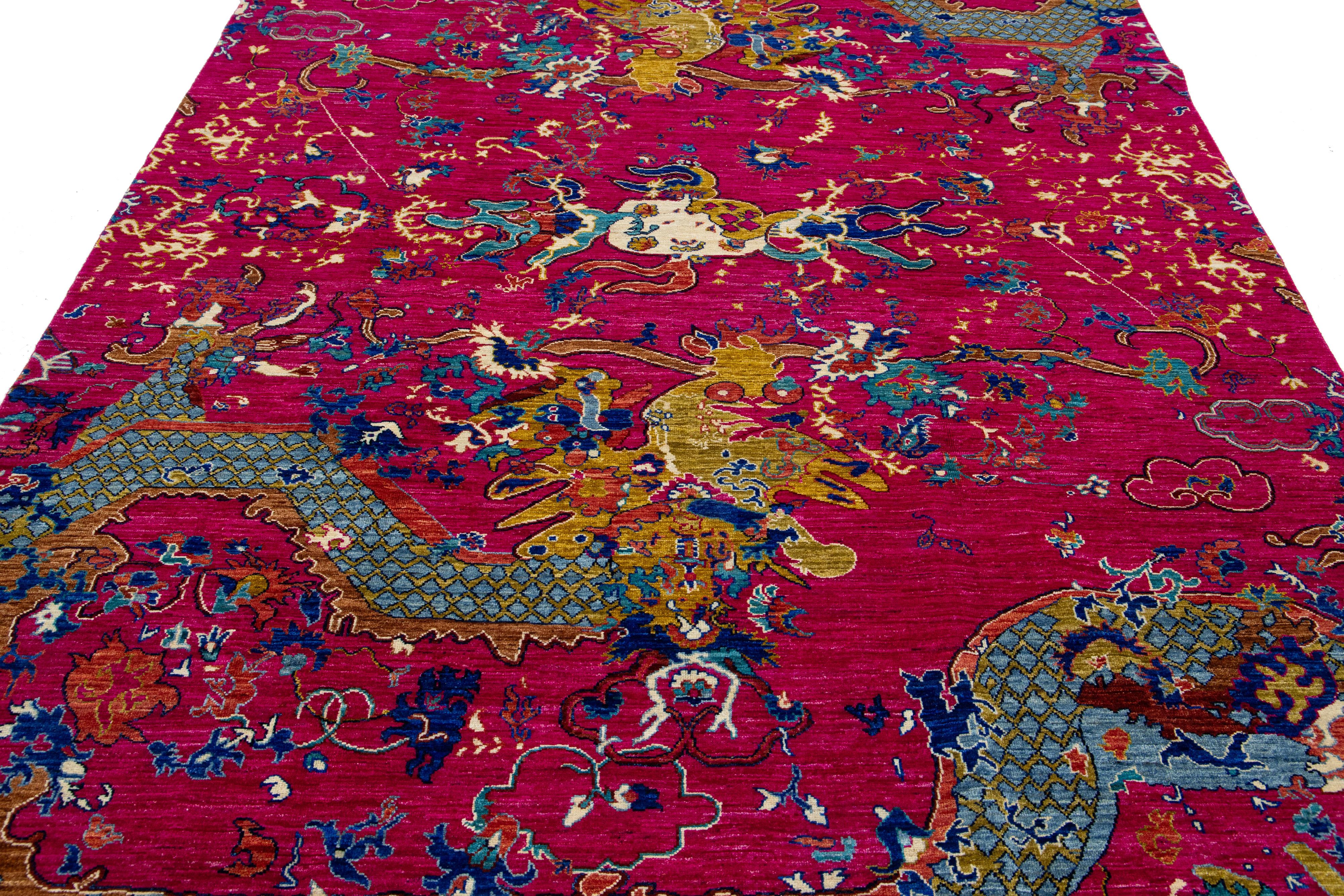Laine 7 x 10 Tapis en laine rose, fait main, de style Modernity Chinese, avec un motif de dragon en vente