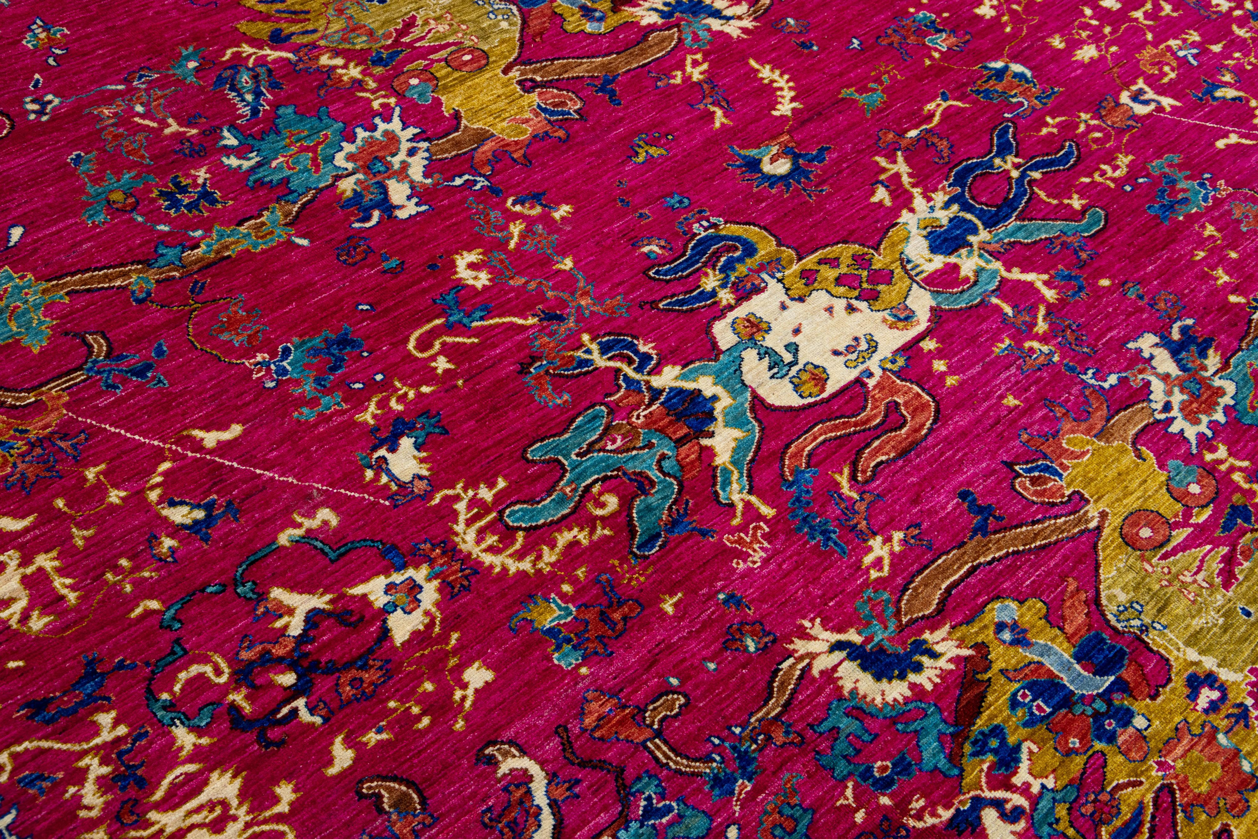 7 x 10 Tapis en laine rose, fait main, de style Modernity Chinese, avec un motif de dragon en vente 1