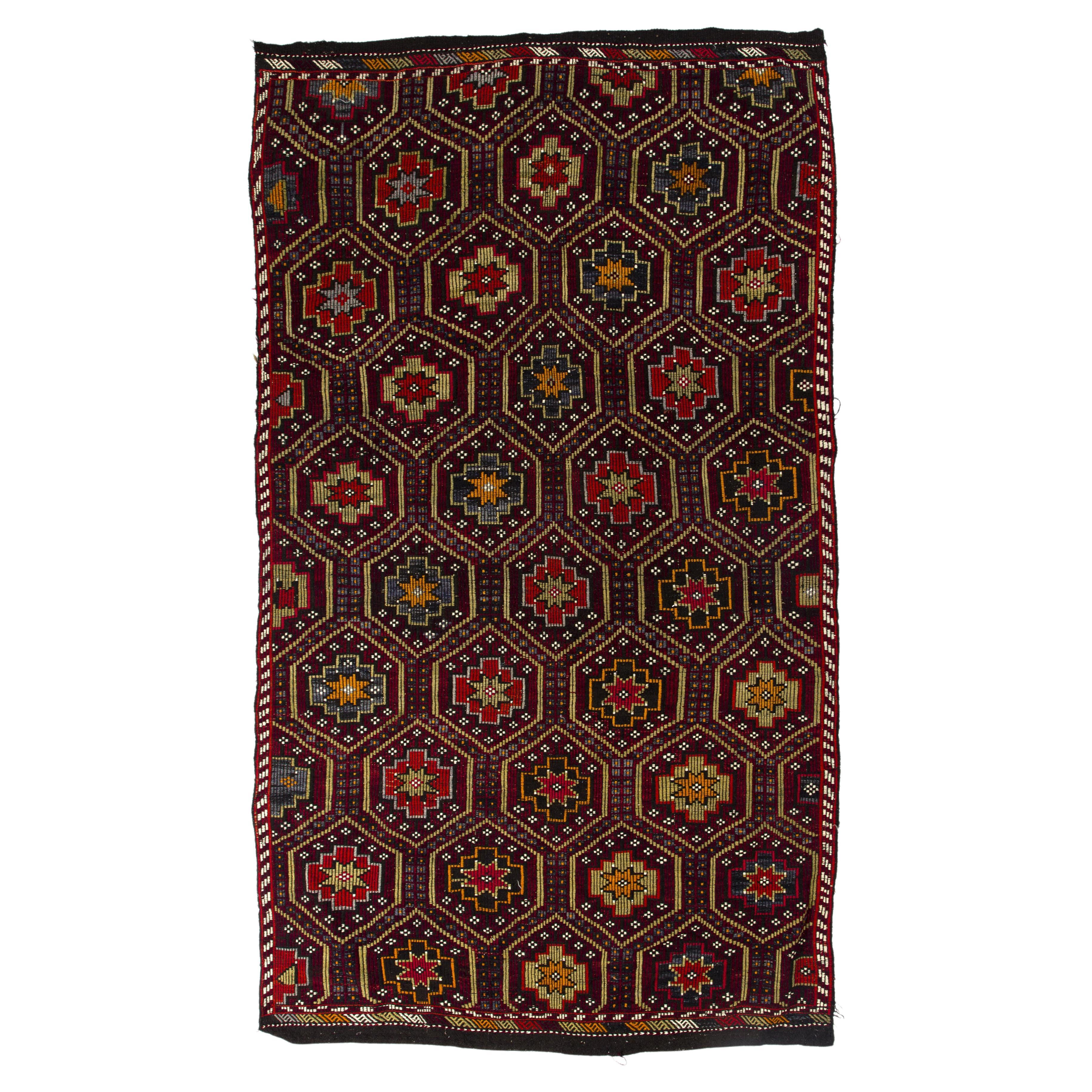 7x12.4 Ft Vintage Turkish Jajim Kilim Rug. One of a Kind Hand-Woven Wool Carpet For Sale