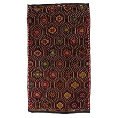 7x12.4 Ft Retro Turkish Jajim Kilim Rug. One of a Kind Hand-Woven Wool Carpet