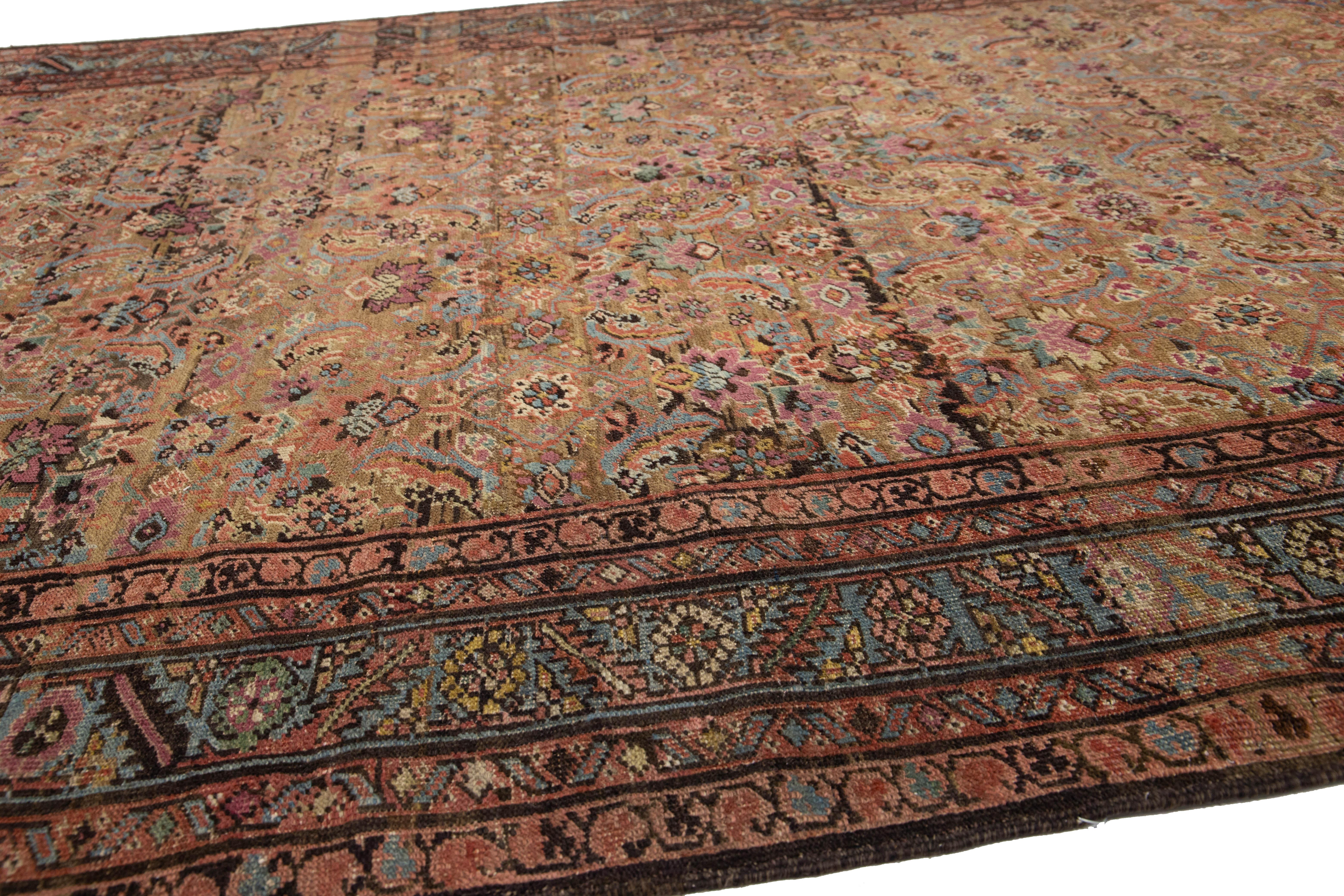 7 x 15 Antique Bakshaeish Persian Wool Rug In Brown With Allover Floral Design In Good Condition For Sale In Norwalk, CT