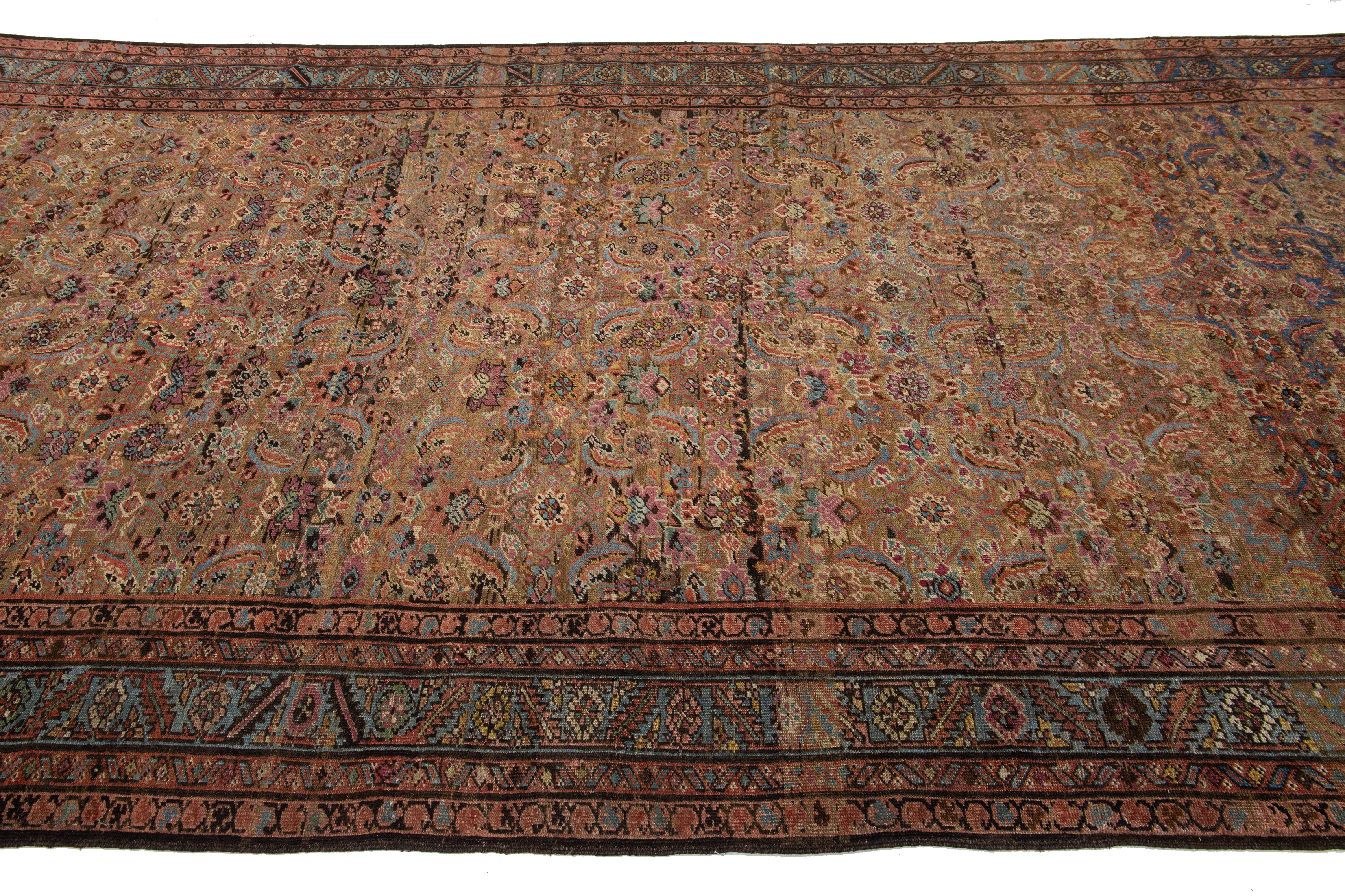 19th Century 7 x 15 Antique Bakshaeish Persian Wool Rug In Brown With Allover Floral Design For Sale