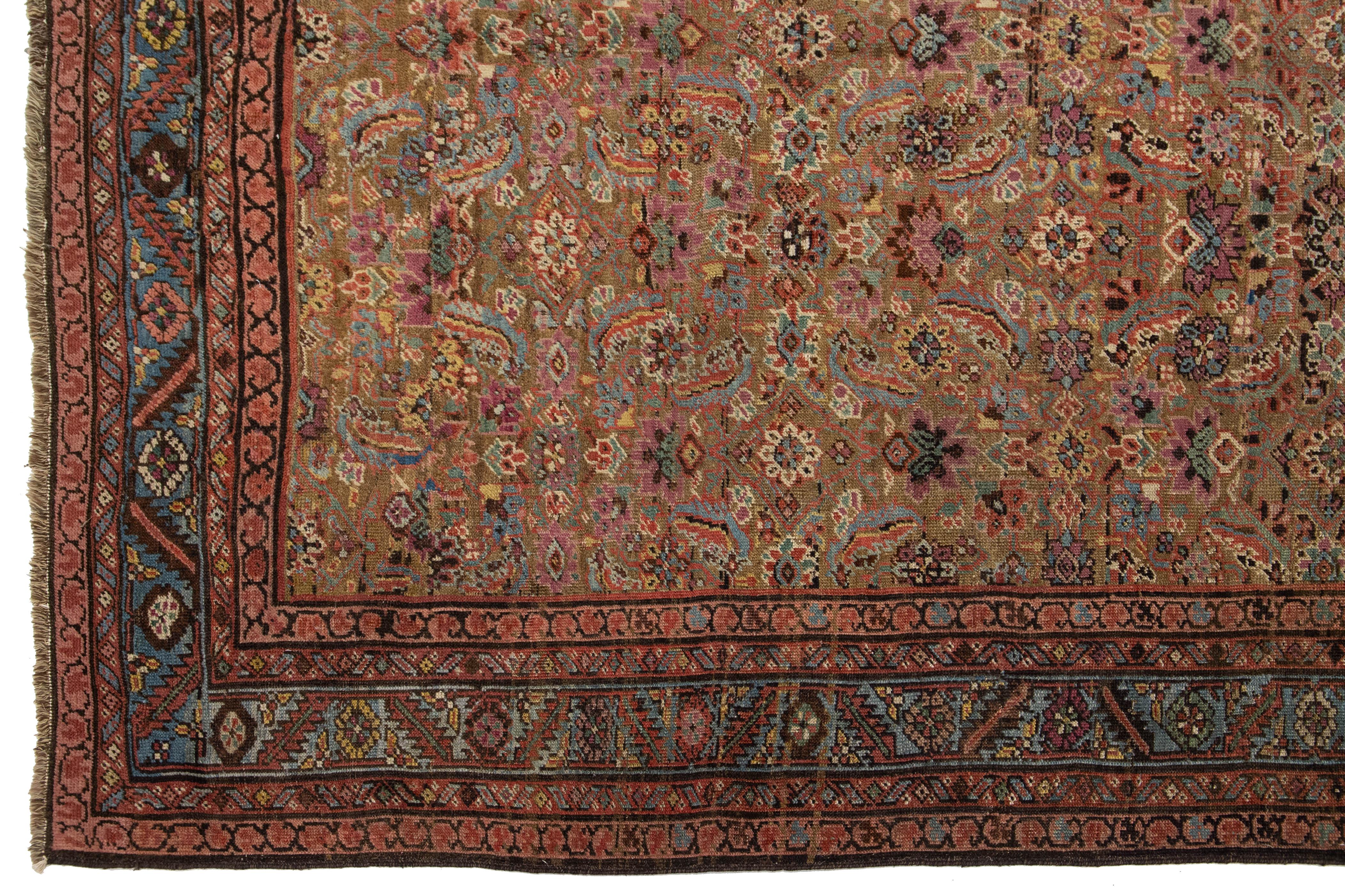 7 x 15 Antique Bakshaeish Persian Wool Rug In Brown With Allover Floral Design For Sale 1