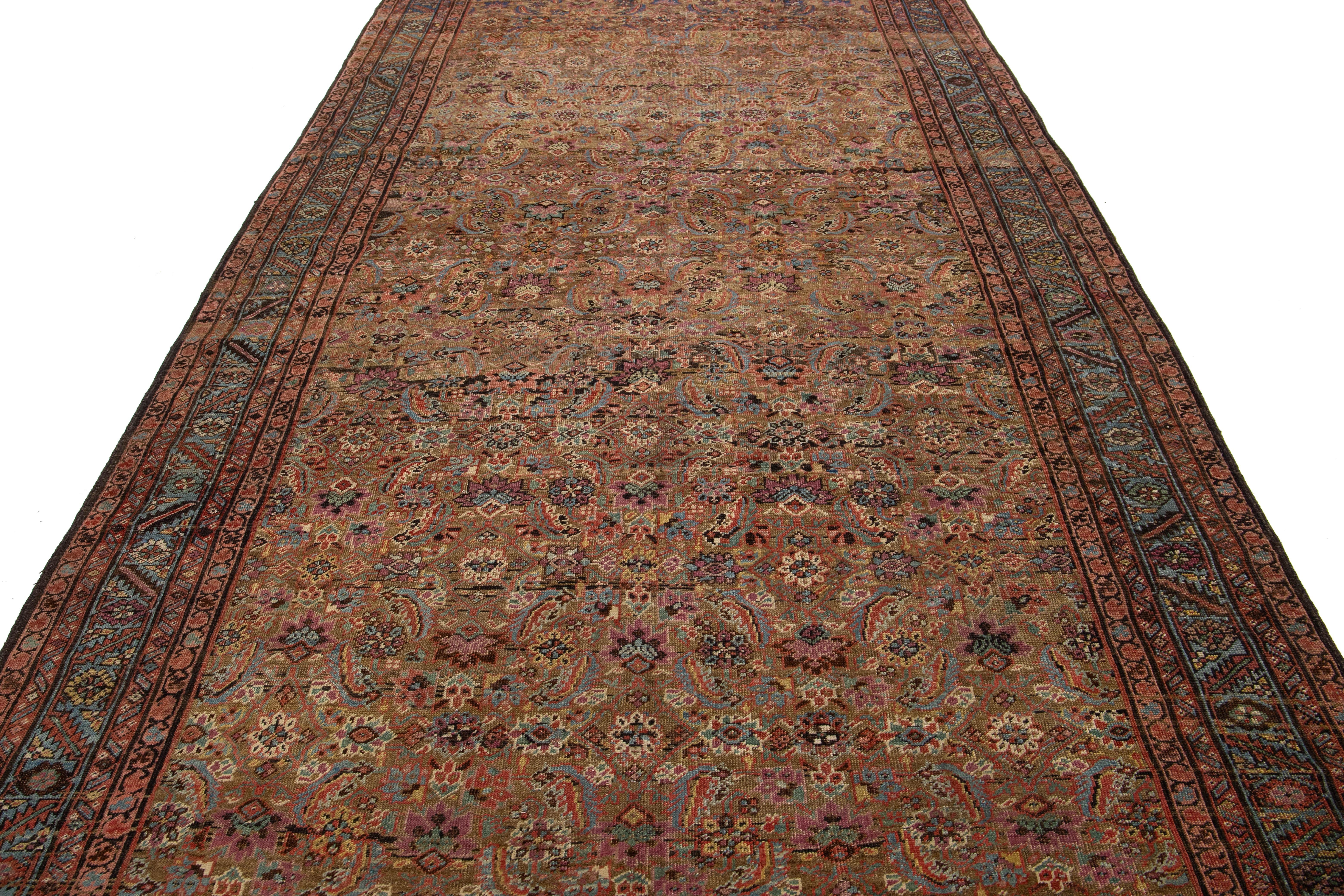 7 x 15 Antique Bakshaeish Persian Wool Rug In Brown With Allover Floral Design For Sale 2