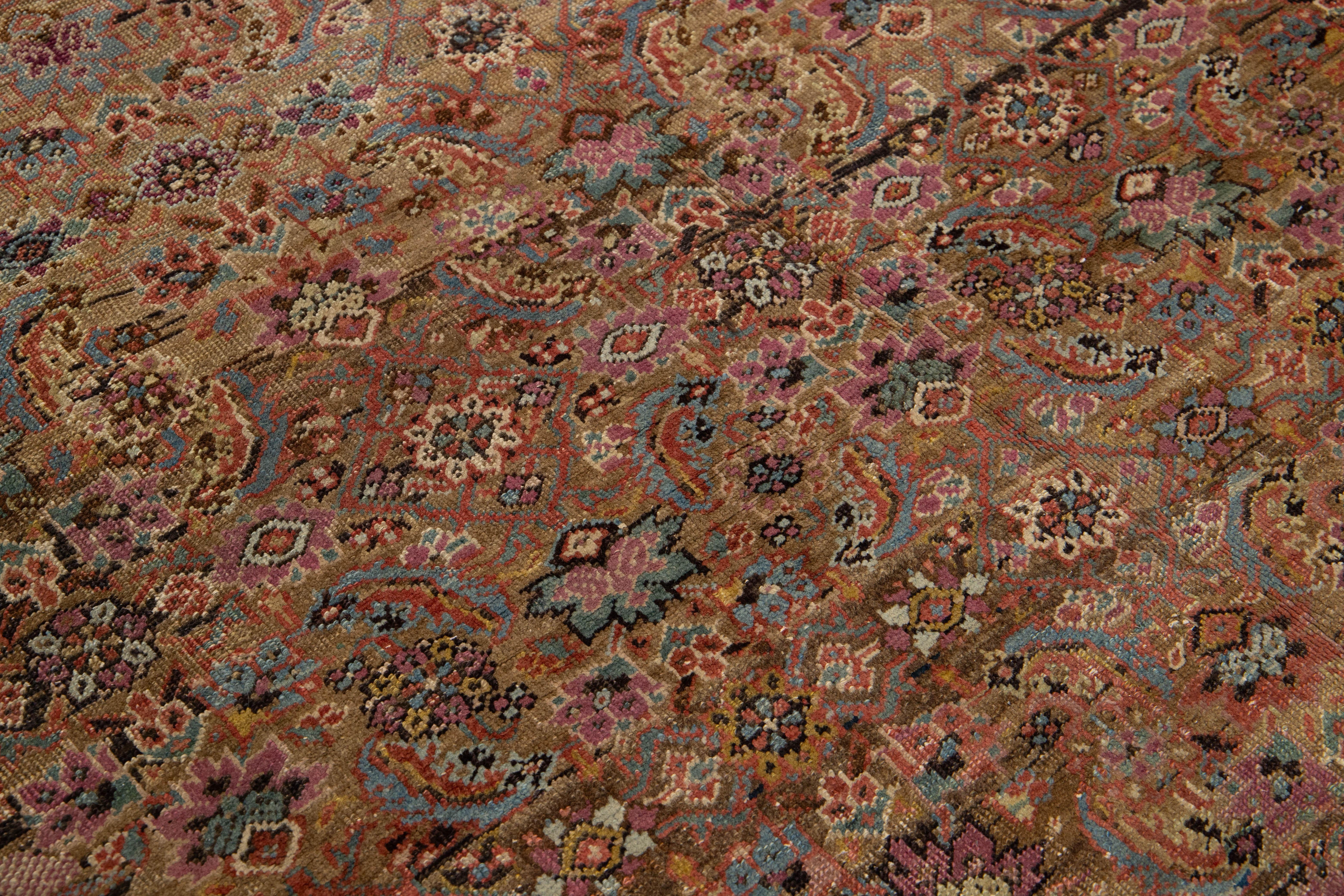 7 x 15 Antique Bakshaeish Persian Wool Rug In Brown With Allover Floral Design For Sale 3