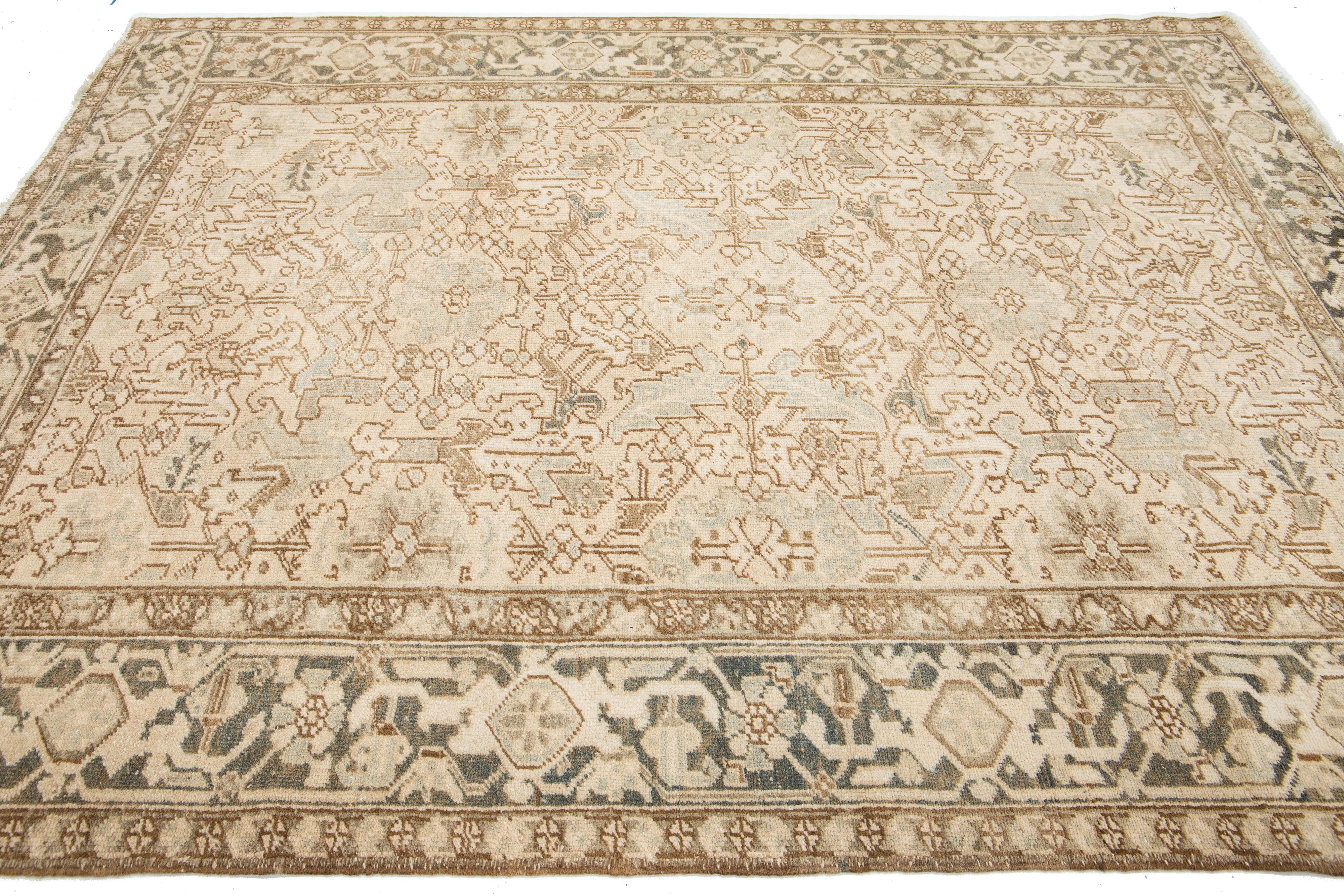 Early 20th Century 7 x 9 Handmade Beige Wool Rug Persian Heriz With Allover Pattern  For Sale