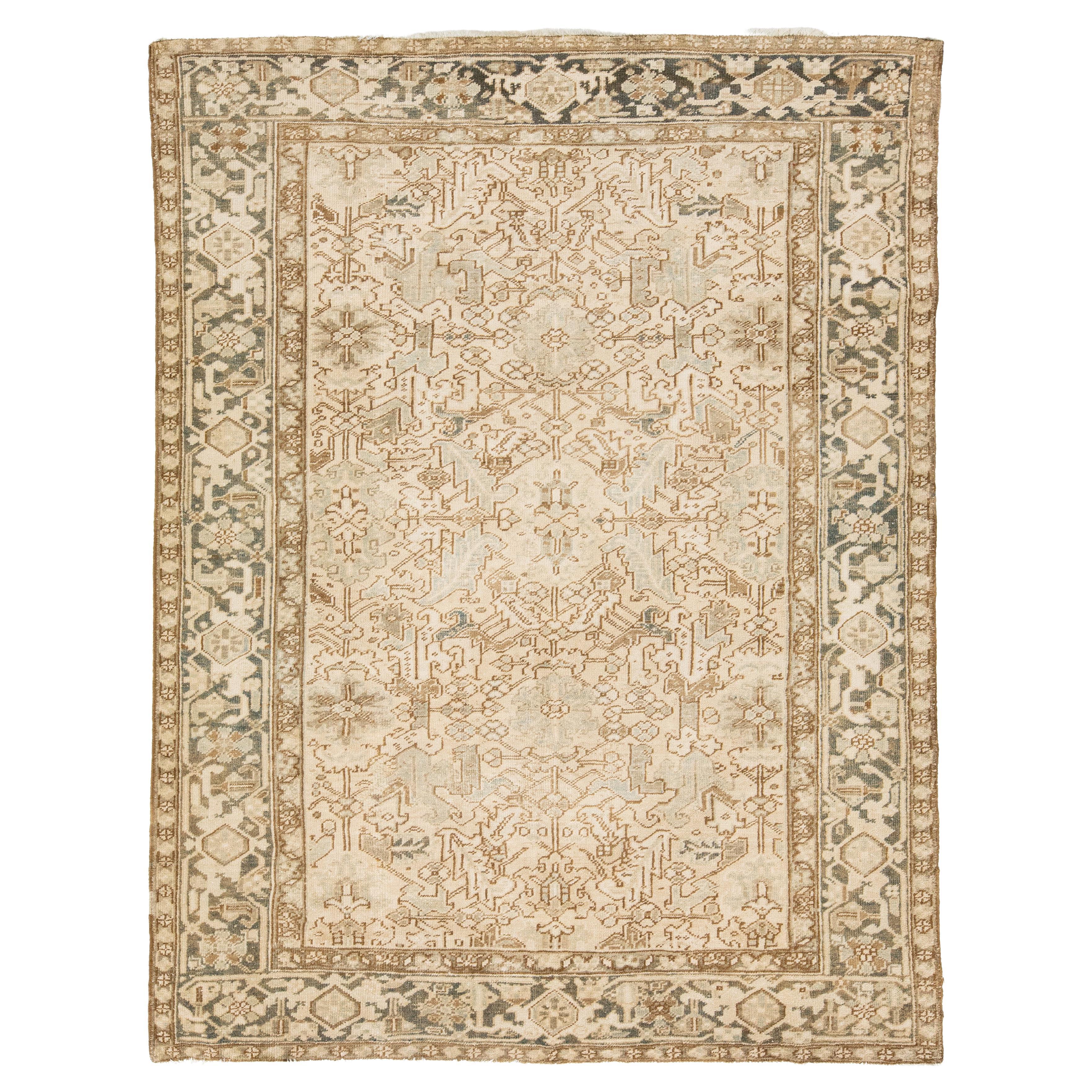 7 x 9 Handmade Beige Wool Rug Persian Heriz With Allover Pattern  For Sale