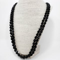 70" Black Czechoslovakian Jet Faceted Crystal Bead Long Rope Necklace, Mid 1900s