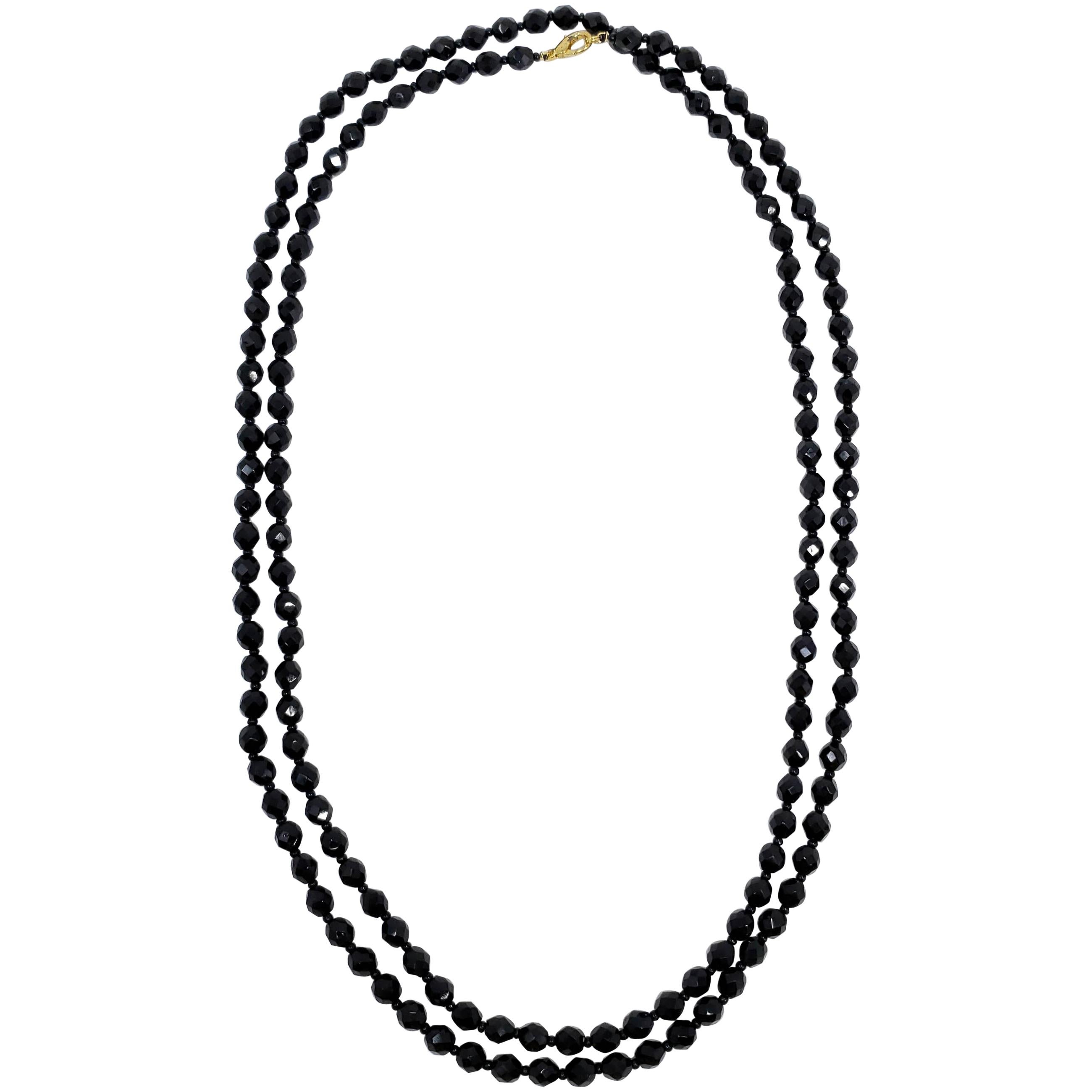 70" Black Czechoslovakian Jet Faceted Crystal Bead Long Rope Necklace, Mid 1900s For Sale