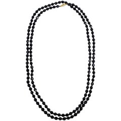 Vintage 70" Black Czechoslovakian Jet Faceted Crystal Bead Long Rope Necklace, Mid 1900s