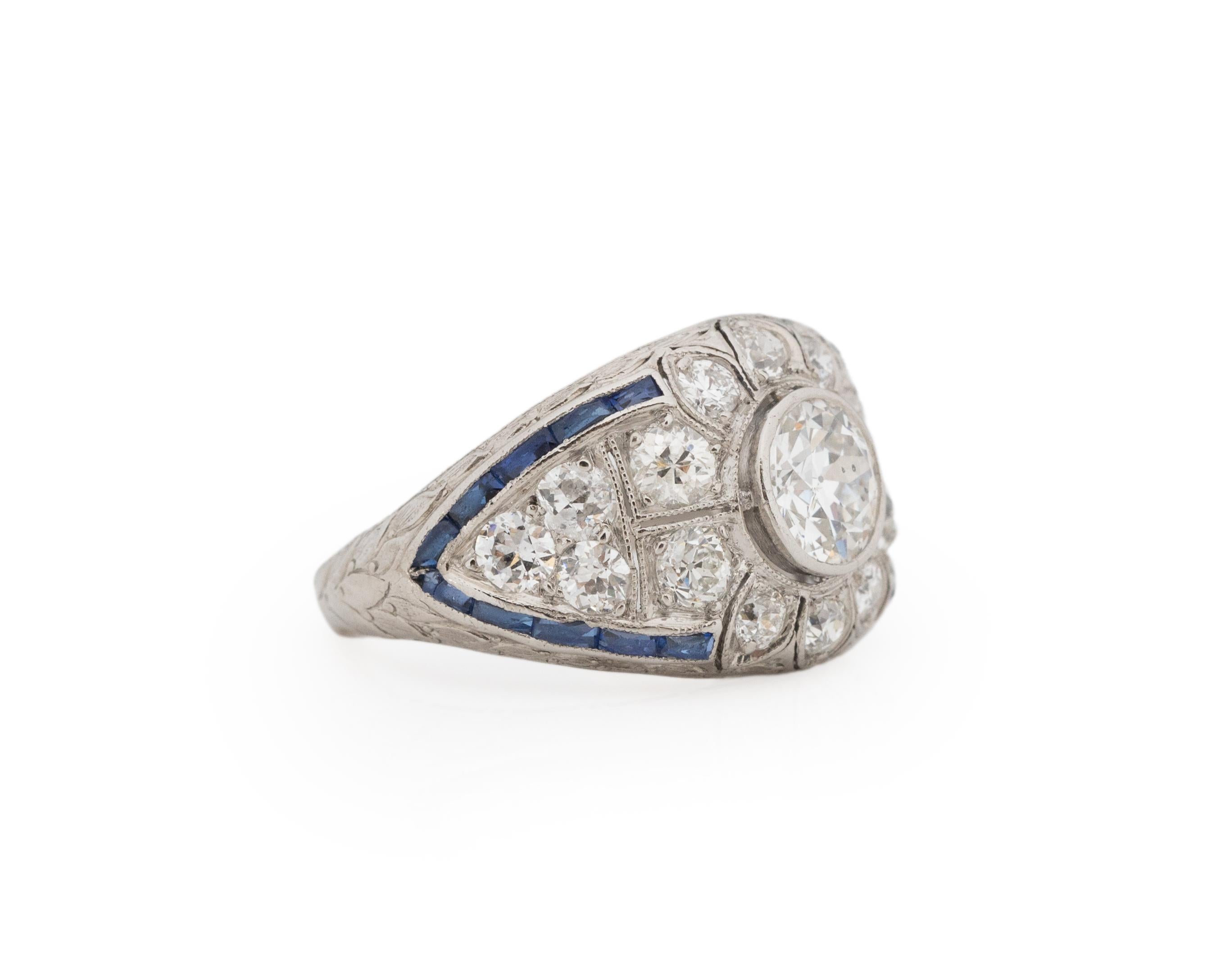 Ring Size: 4
Metal Type: Platinum [Hallmarked, and Tested]
Weight: 3.0 grams

Center Diamond Details:
Weight: .70carat
Cut: Old European brilliant
Color: I
Clarity: SI2

Side Stone Details:
Weight: .30carat, total weight
Cut: Antique European