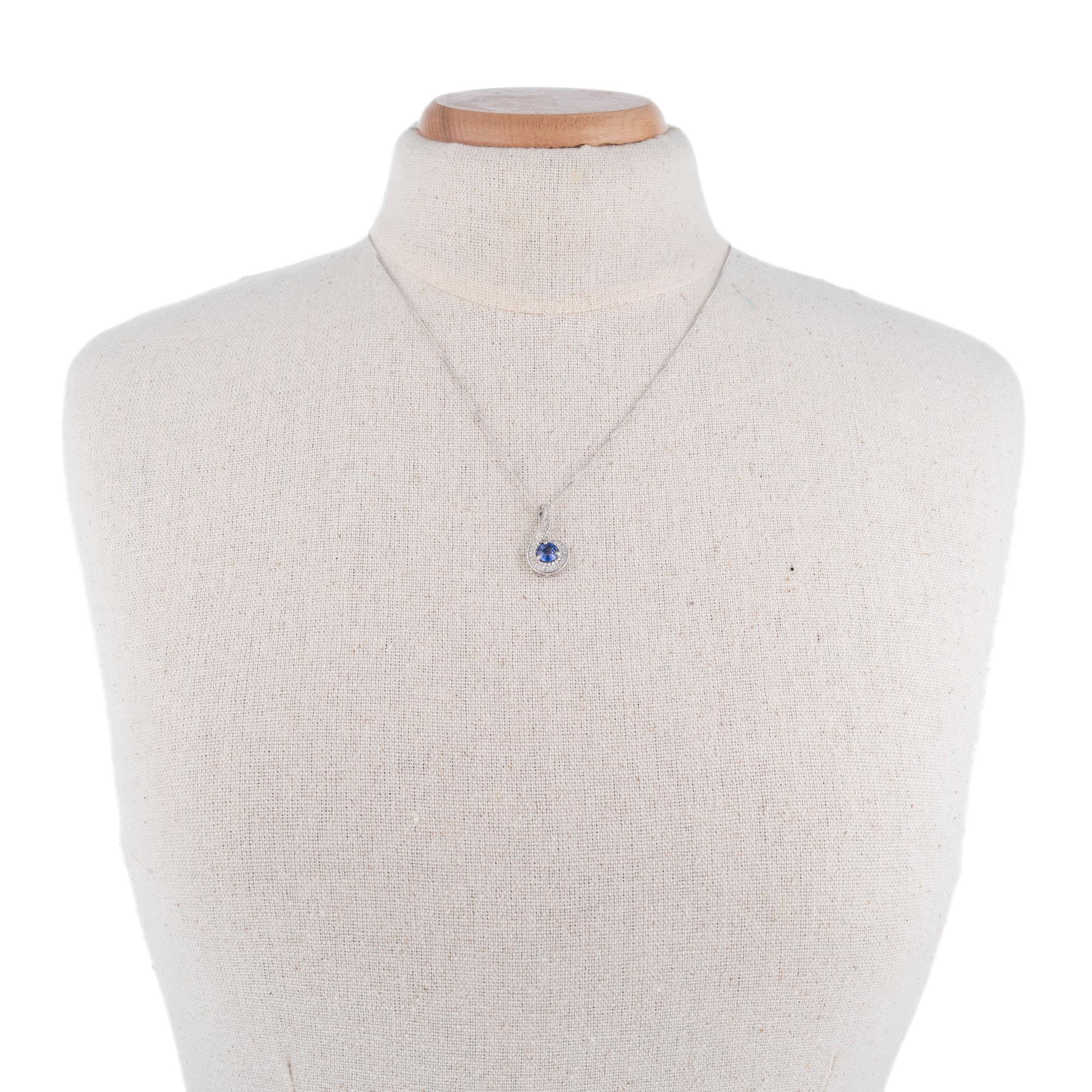 Round Cut .70 Carat Blue Tanzanite Diamond White Gold Swirl Pendant Necklace For Sale